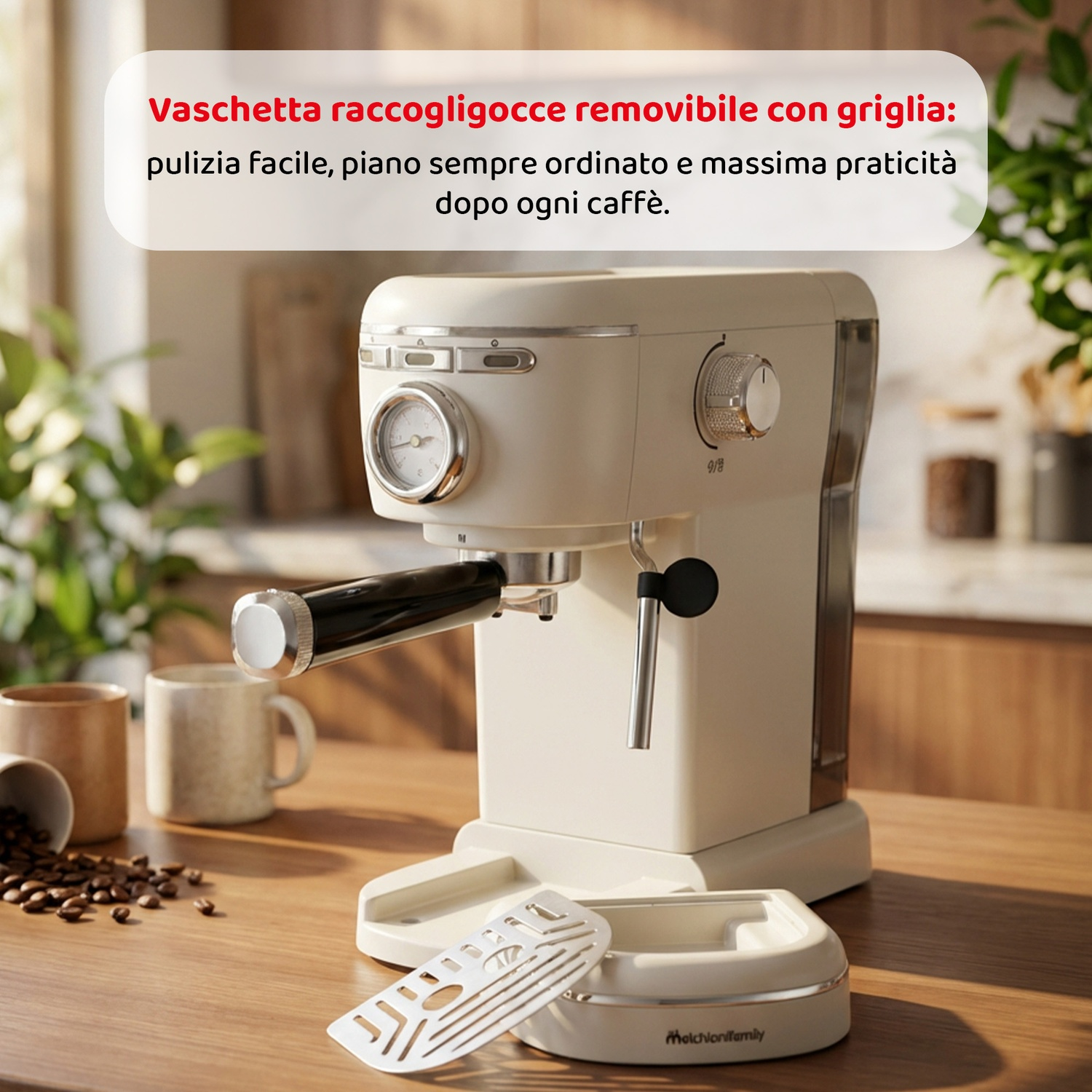 Una macchina per espresso color crema su un tavolo di legno con chicchi di caffè e tazze.