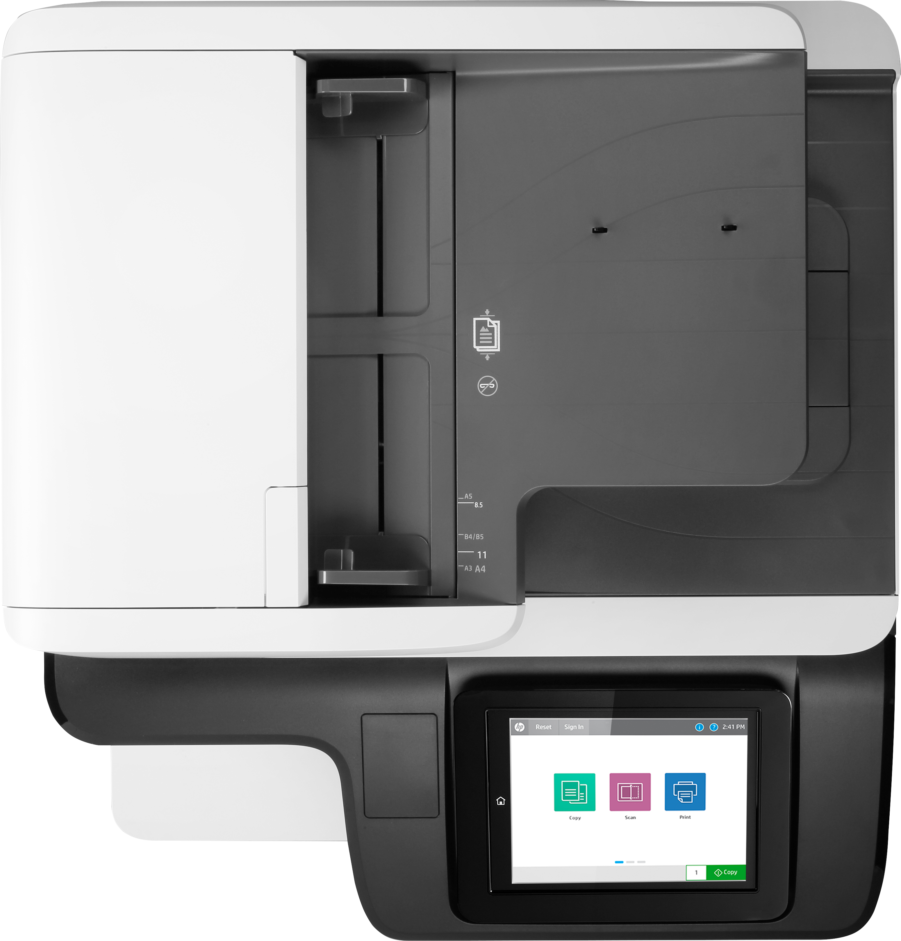 Ein moderner weißer und grauer Drucker mit Touchscreen, der Kopieren, Scannen und Drucken anzeigt.