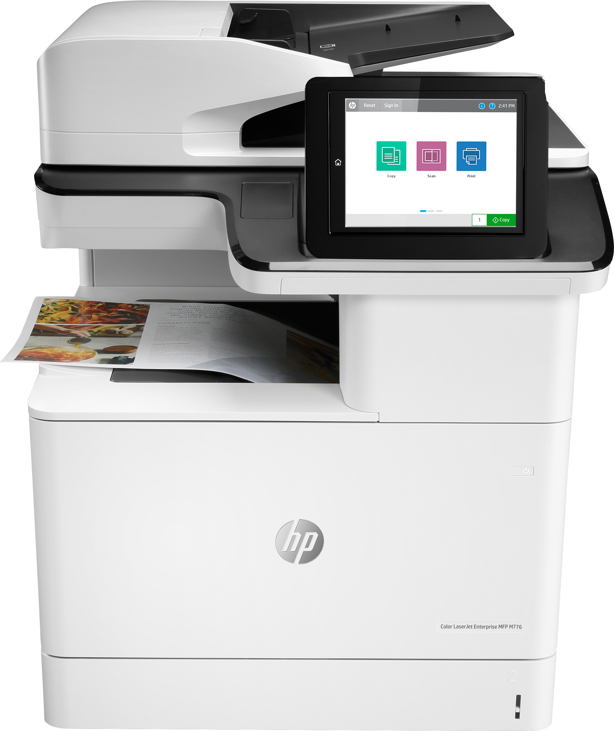 Ein weißer HP Color LaserJet Drucker mit Touchscreen und eingelegtem Papier.
