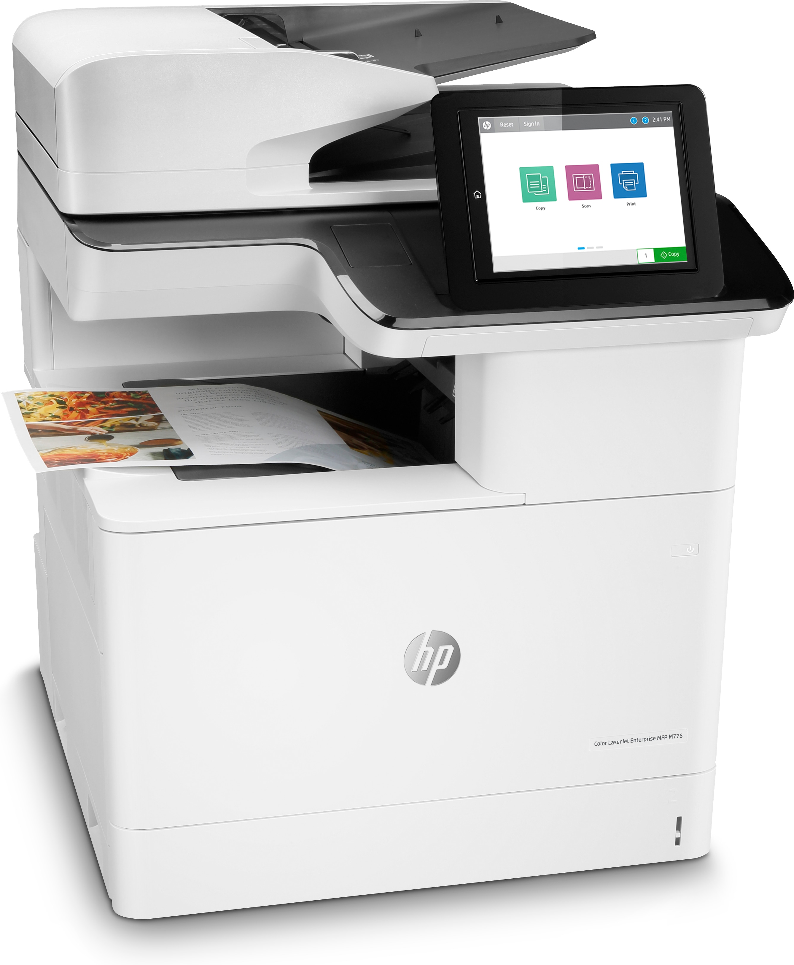 Ein weißer HP Color LaserJet Enterprise MFP M776 Drucker mit Touchscreen.