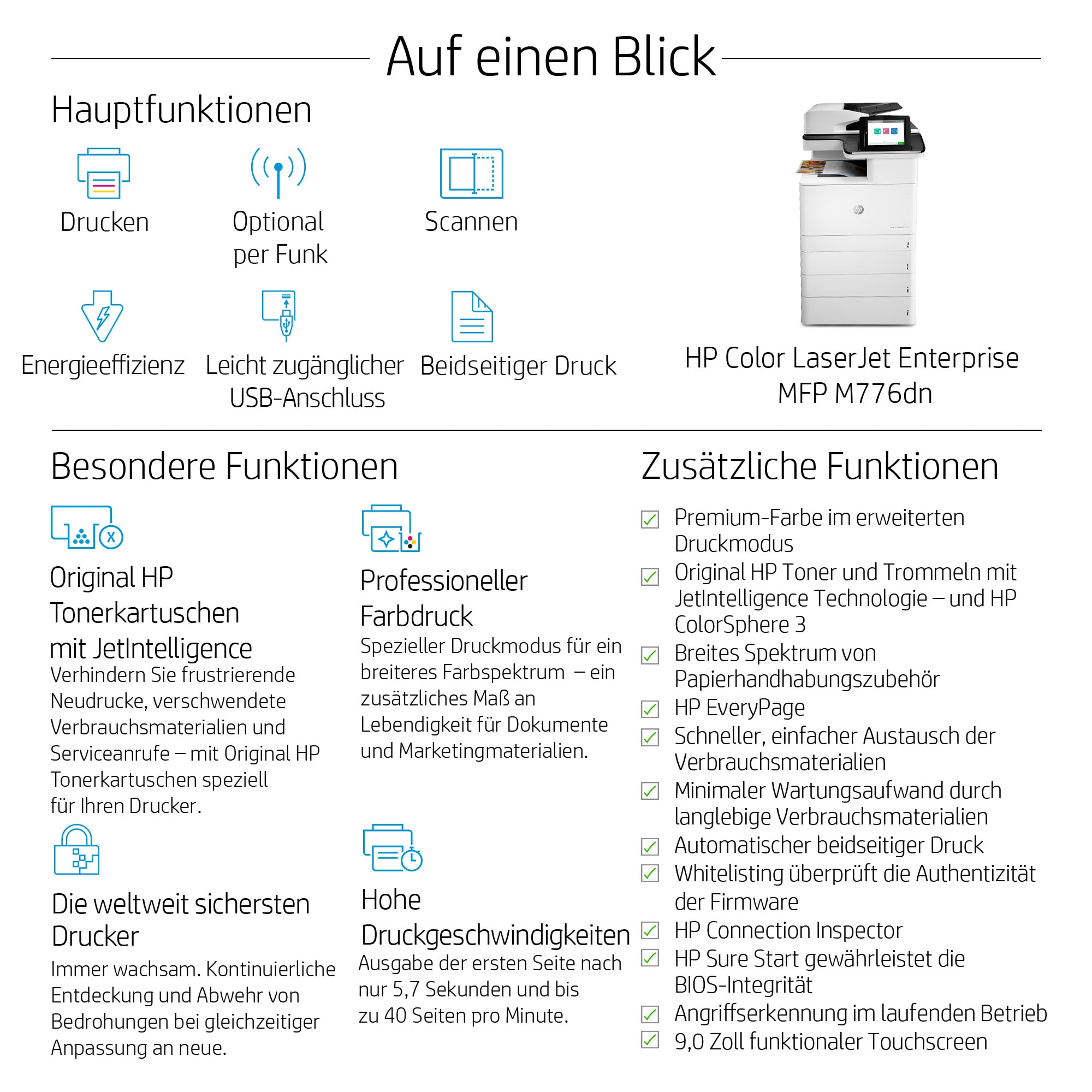 HP Color LaserJet Enterprise MFP M776dn: Hauptfunktionen, besondere und zusätzliche Funktionen.