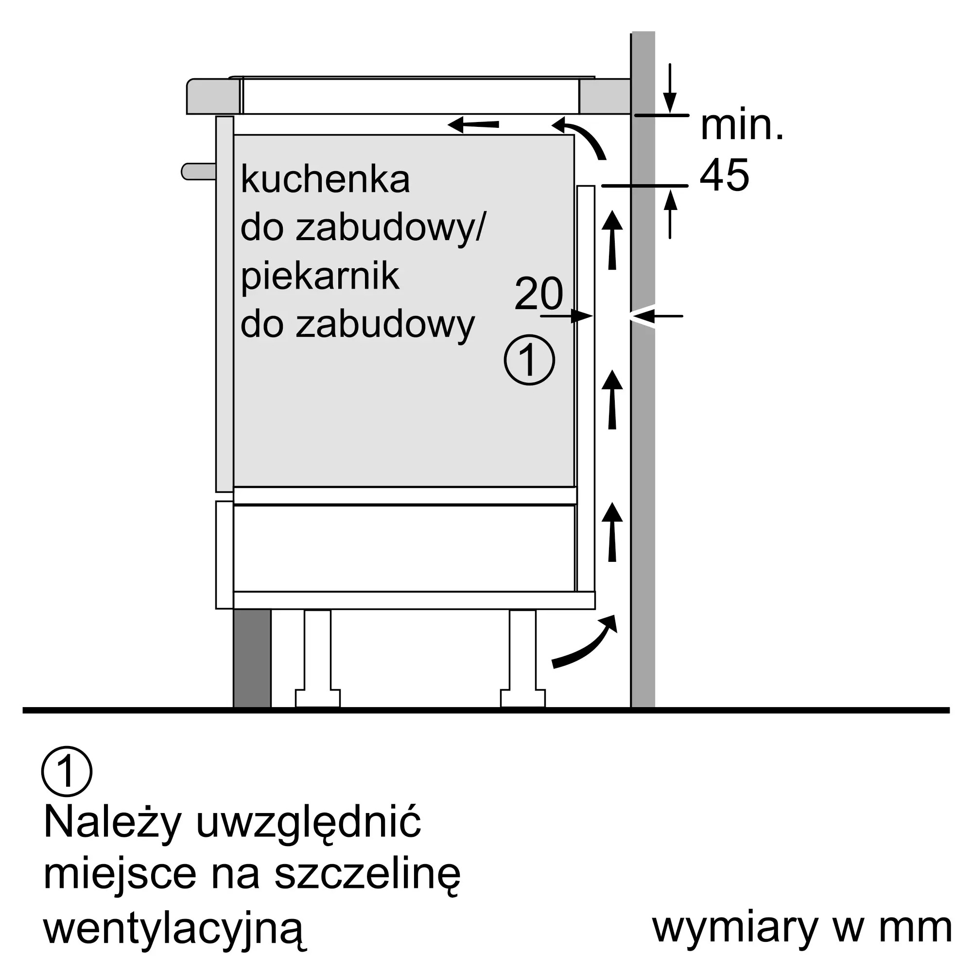 Schemat płyty/piekarnika do zabudowy z wymiarami i szczeliną wentylacyjną.