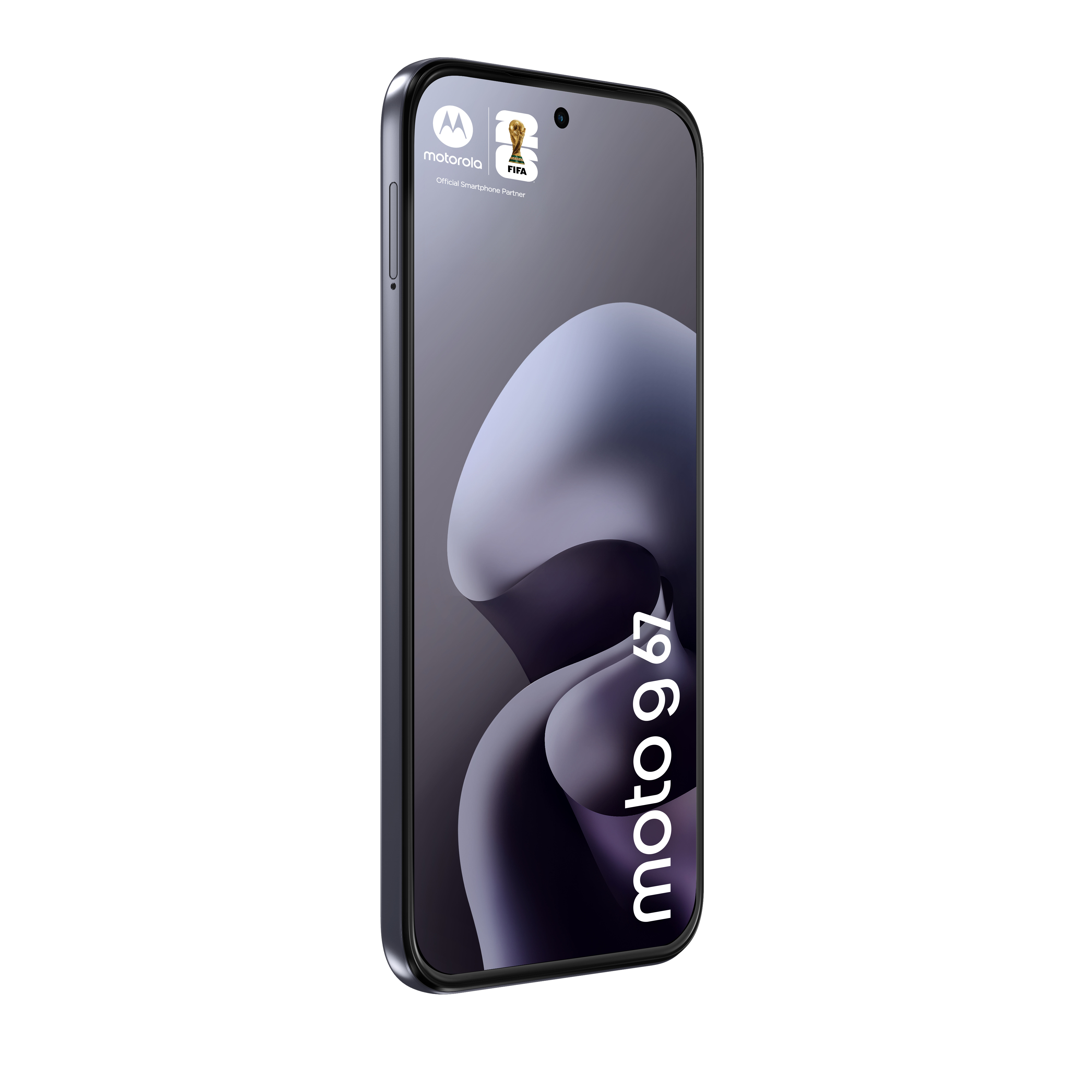 Ciemny smartfon Motorola z napisem 'moto g 67' i logo FIFA.