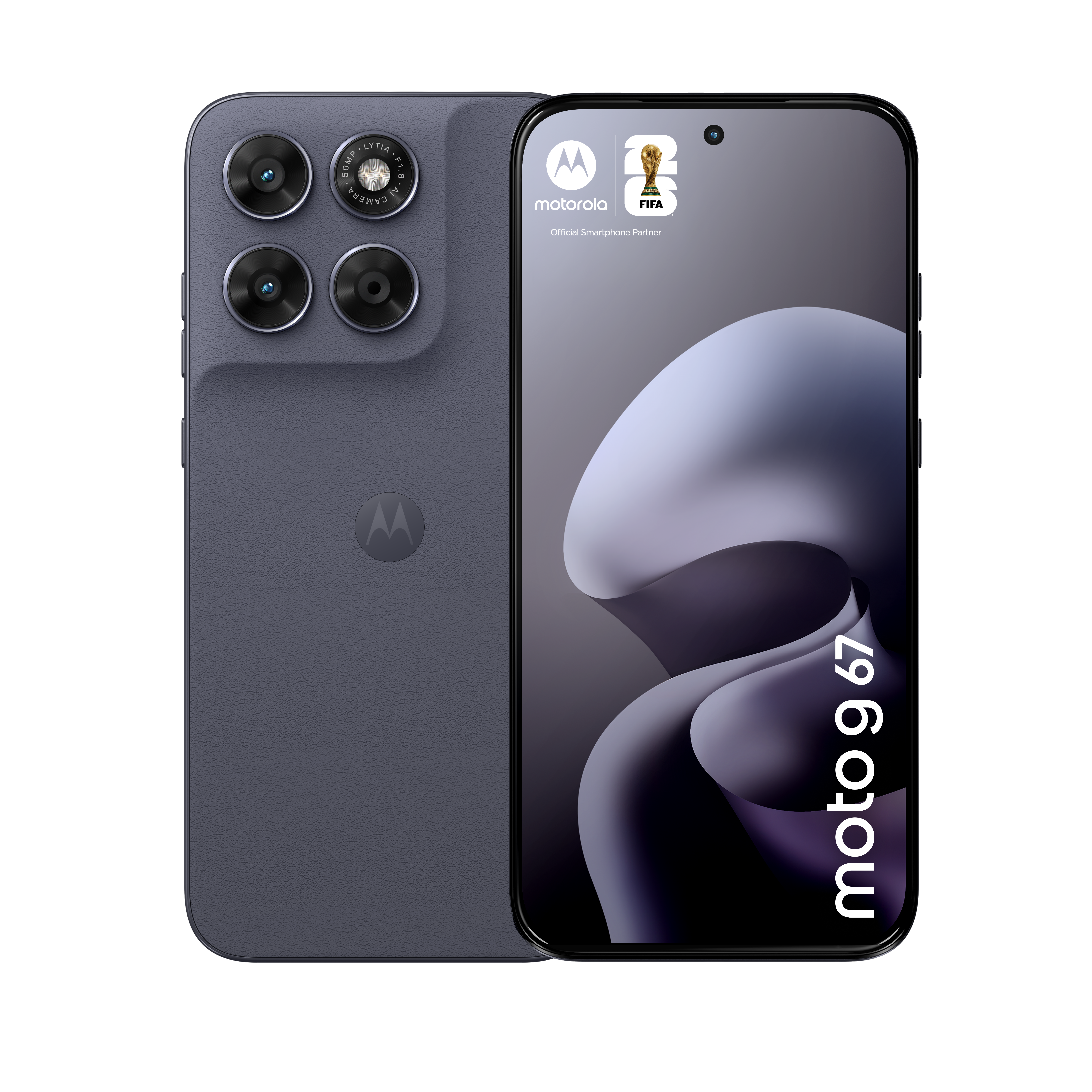 Szara Motorola z czterema tylnymi aparatami i napisem 'moto g 67' na ekranie.