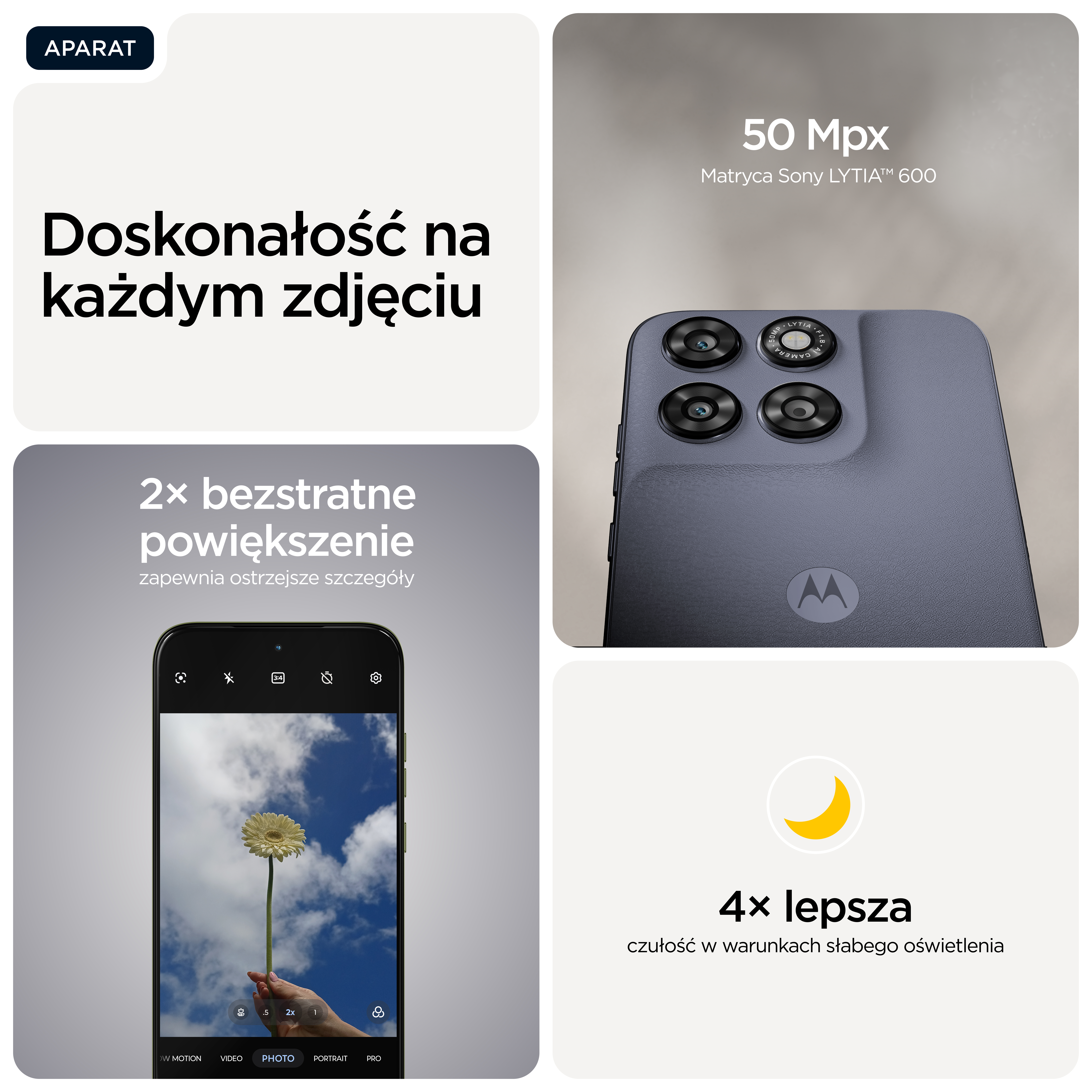 Zdjęcie przedstawia smartfon z aparatem 50 MP, zoomem 2x i trybem nocnym.