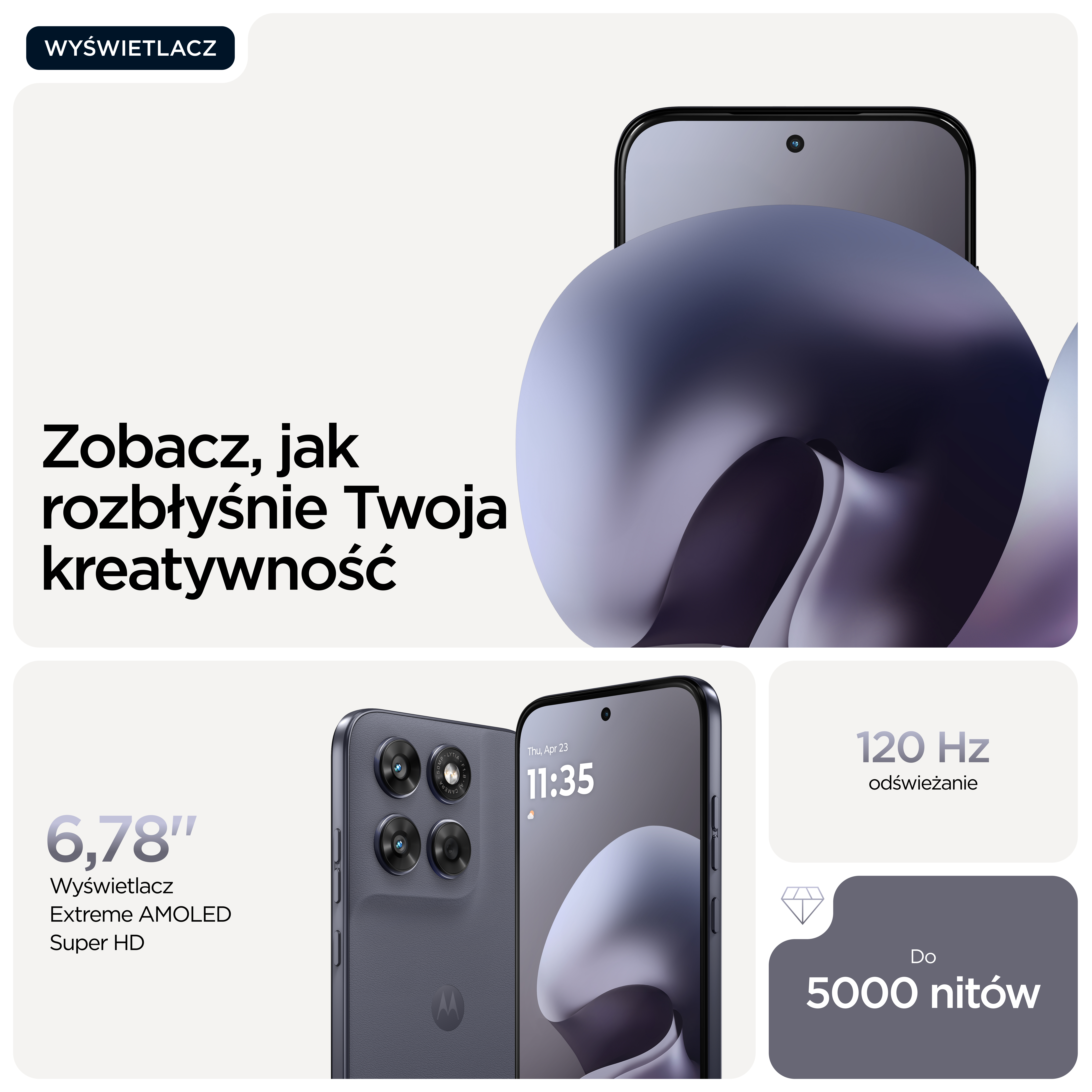 Szary smartfon z trzema aparatami i logo Motoroli. Wyświetlacz AMOLED 6,78".