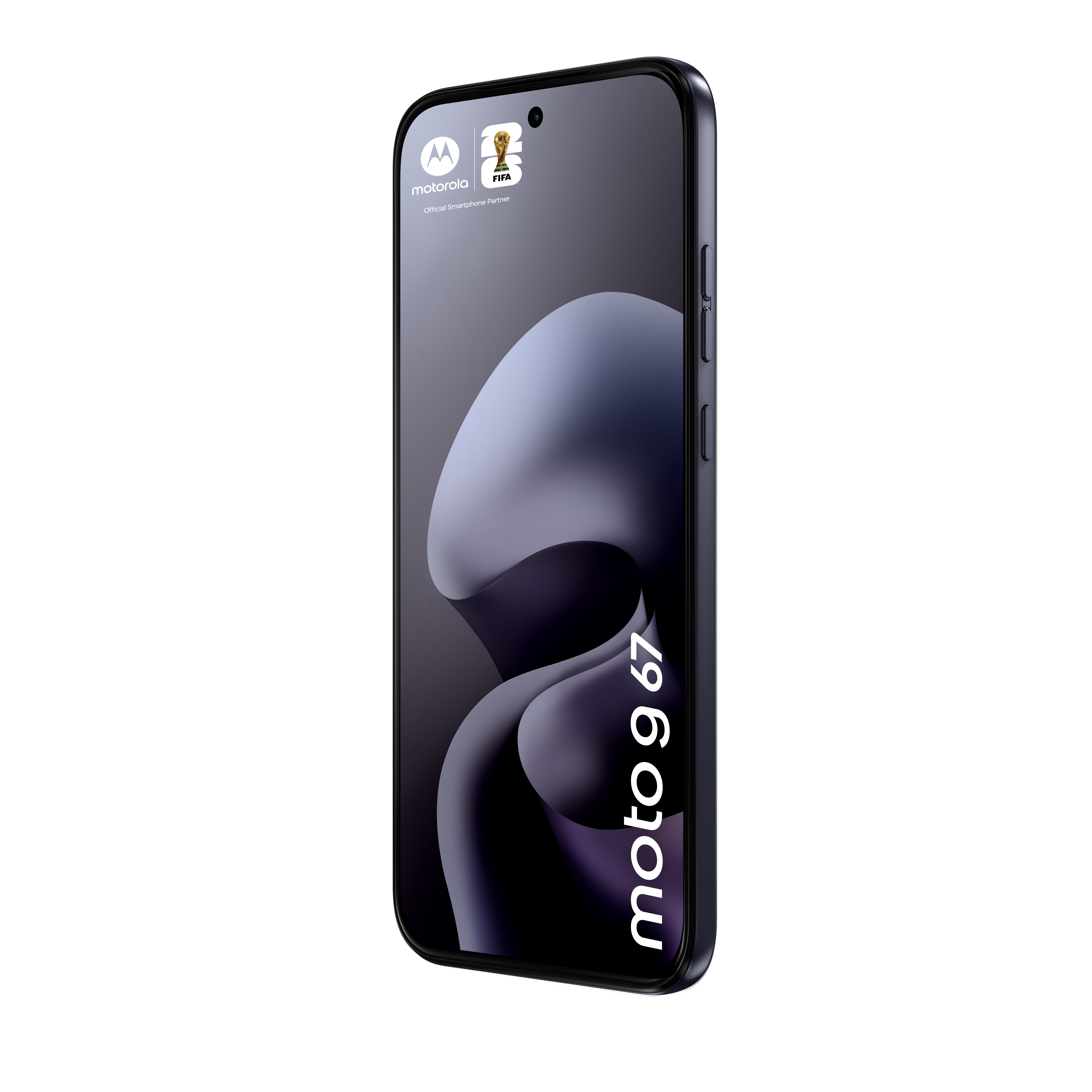 Czarny smartfon Motorola Moto G 67 z logo FIFA na ekranie.