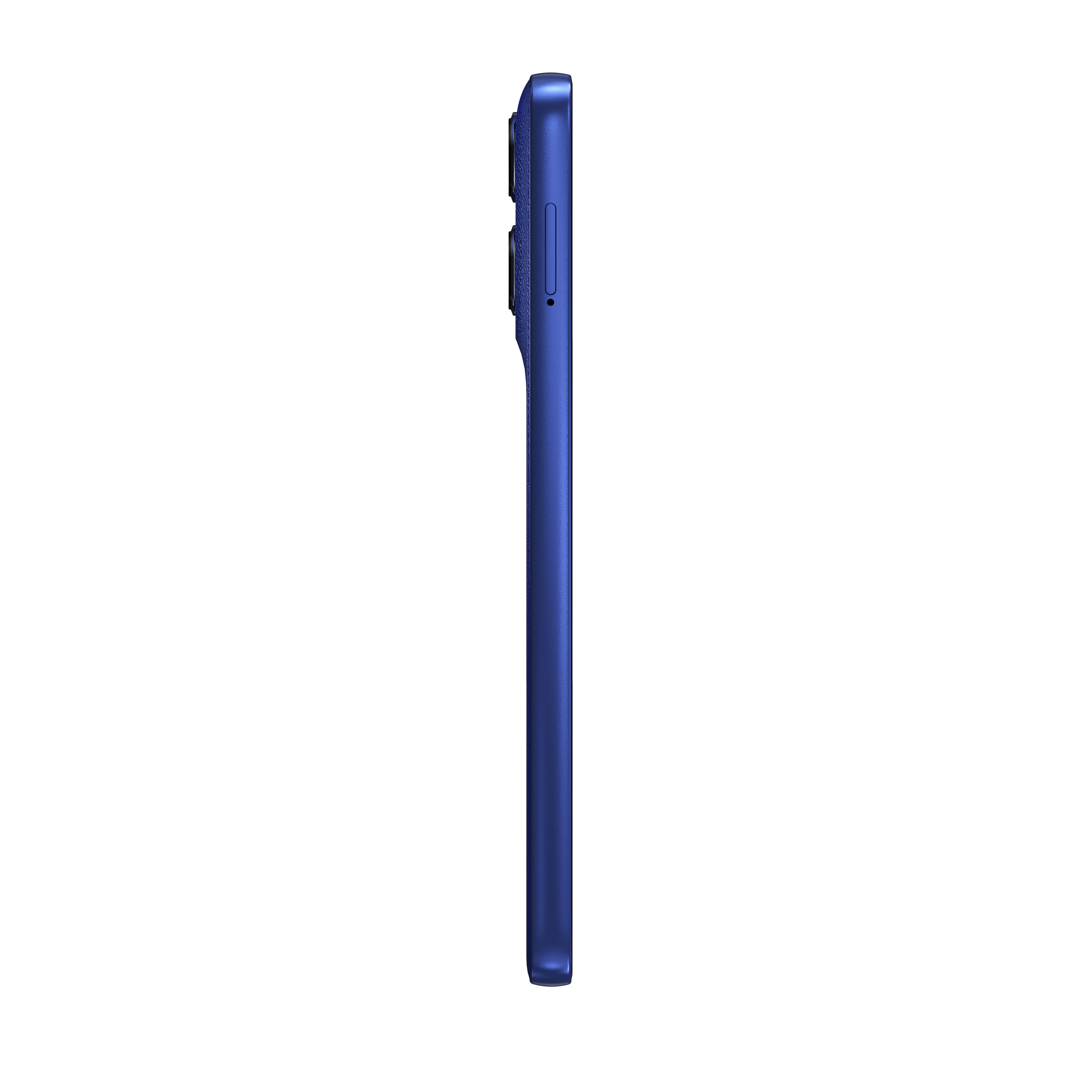 Niebieski smartfon w profilu na czarnym tle, widoczny aparat.