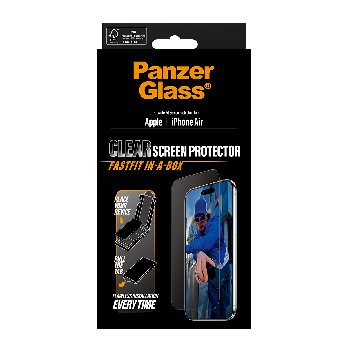Panzer Glass Schutzfolie für Apple iPhone Air mit Installationsanleitung.