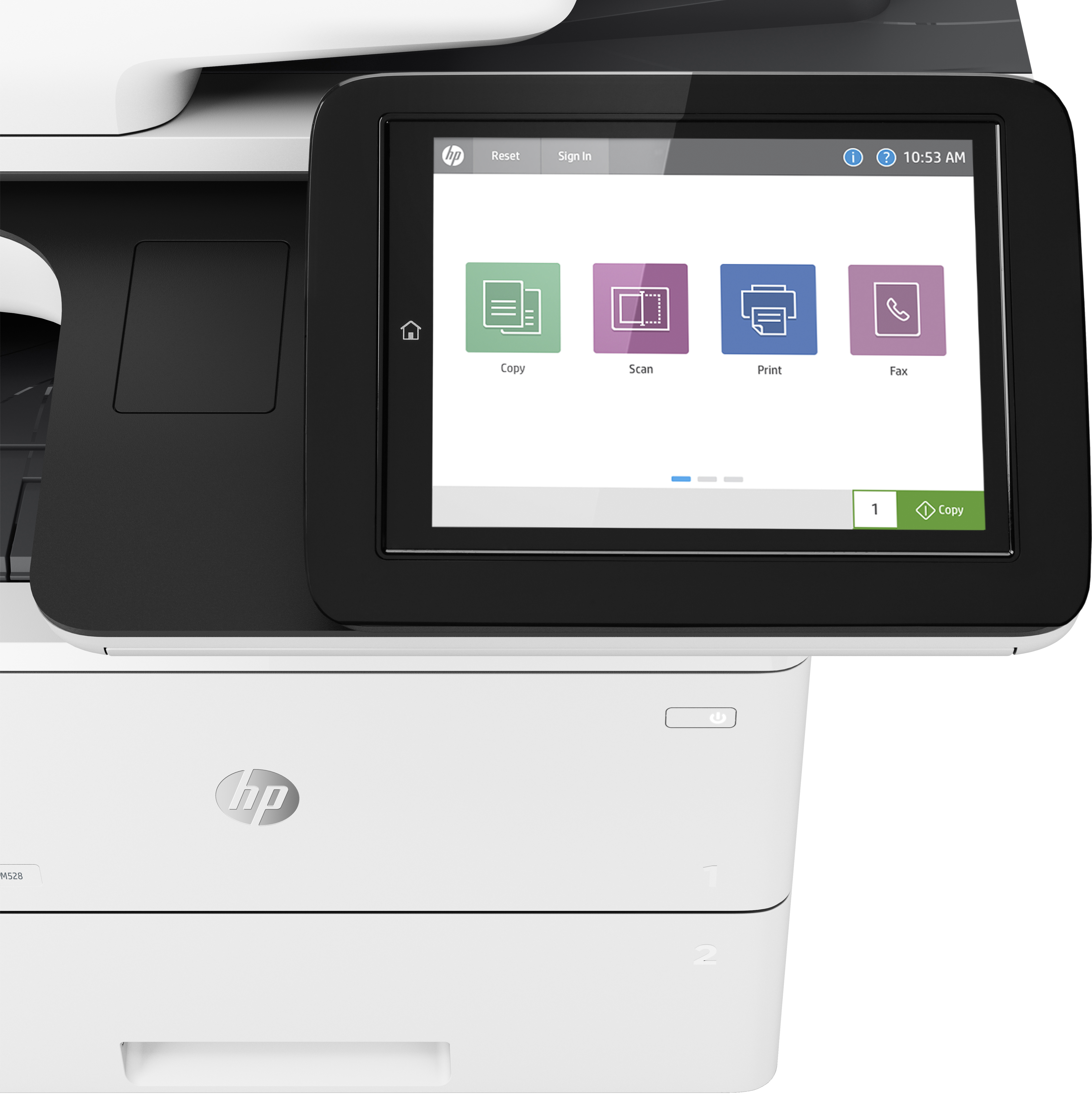 Ein HP Drucker mit Touchscreen zeigt Optionen für Kopieren, Scannen, Drucken und Faxen.