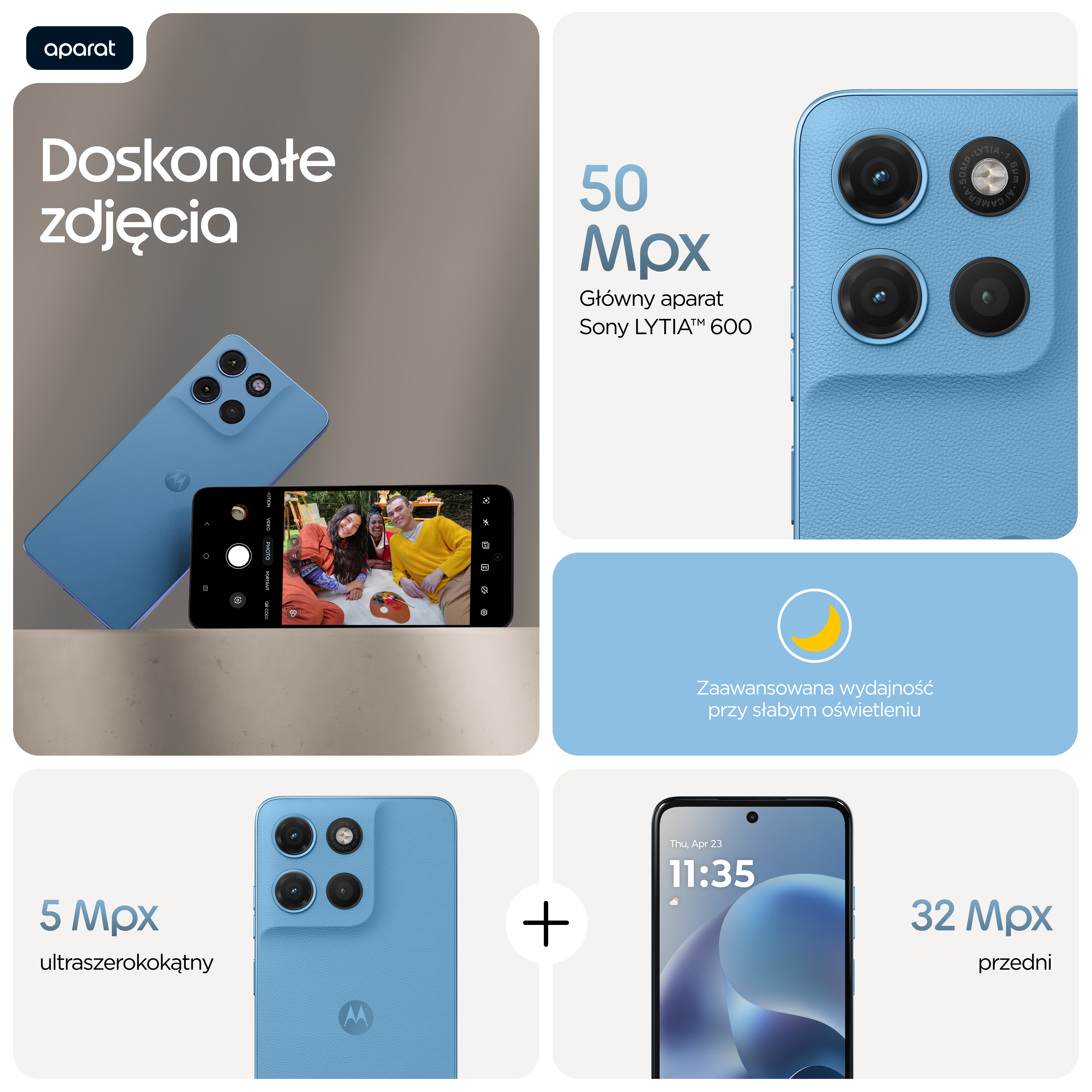 Niebieski smartfon z aparatem głównym 50MP, ultraszerokokątnym 5MP i przednim 32MP.