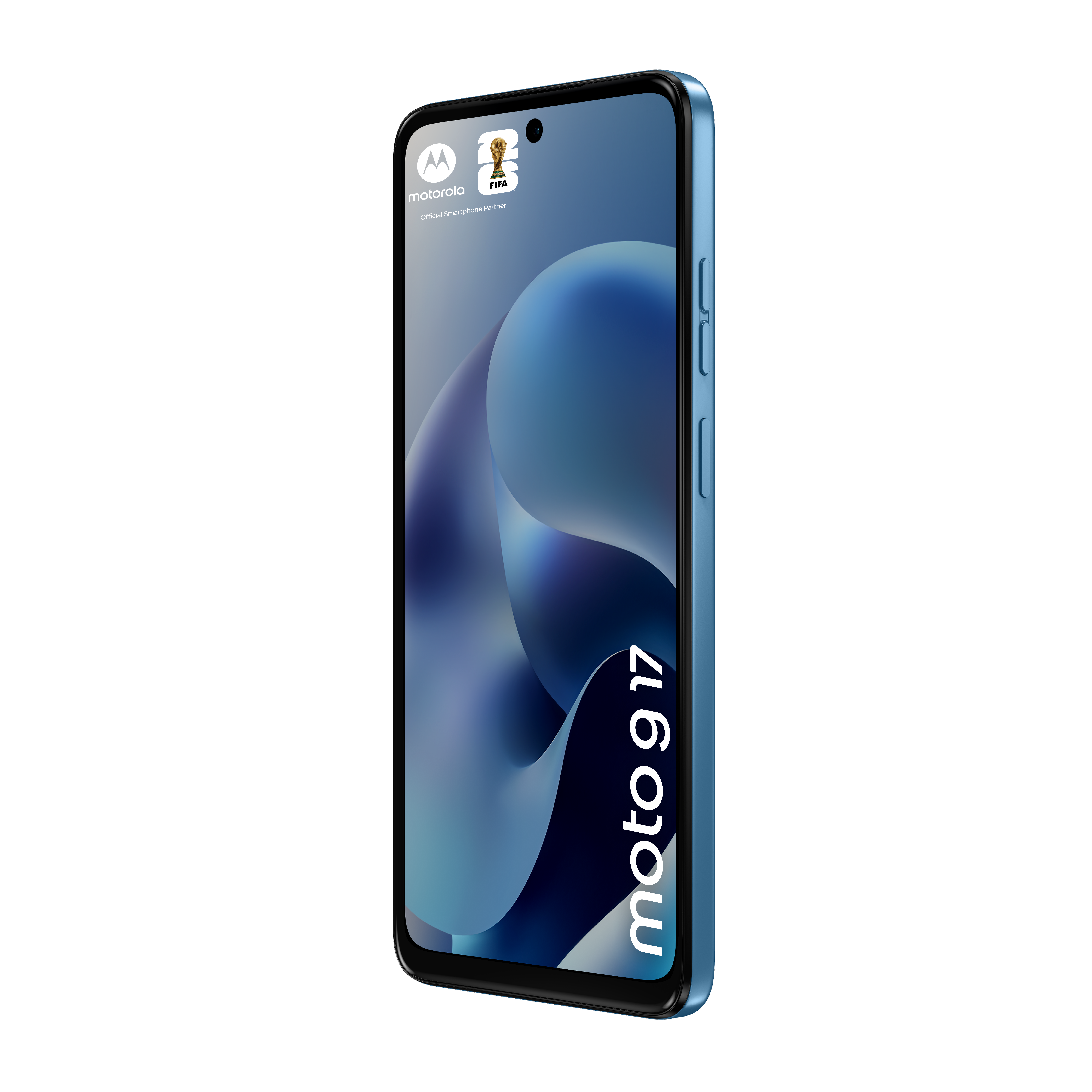 Niebieski smartfon Motorola Moto G 17 z logo FIFA, na białym tle.
