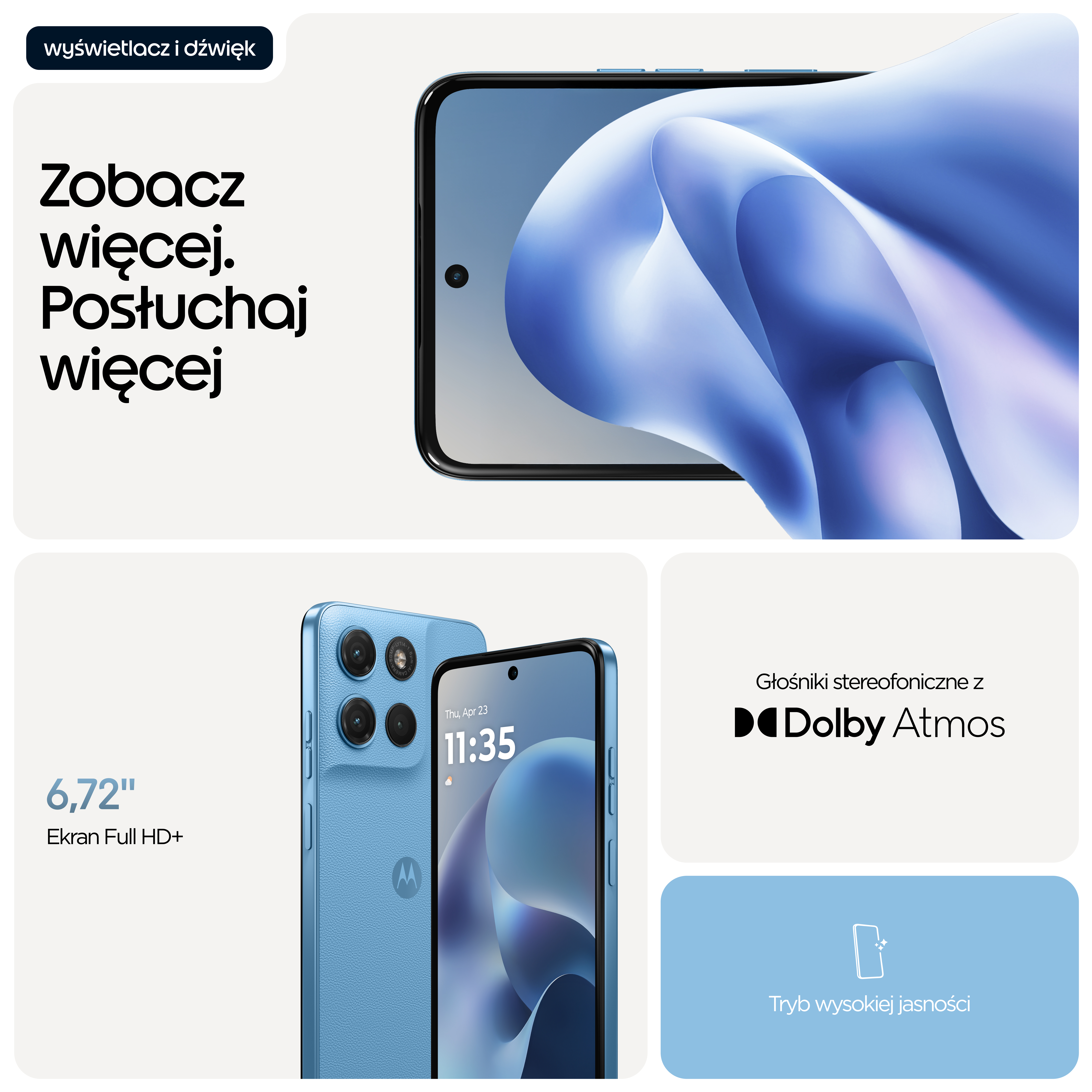 Prezentowany jest niebieski smartfon z trzema aparatami i dużym ekranem.