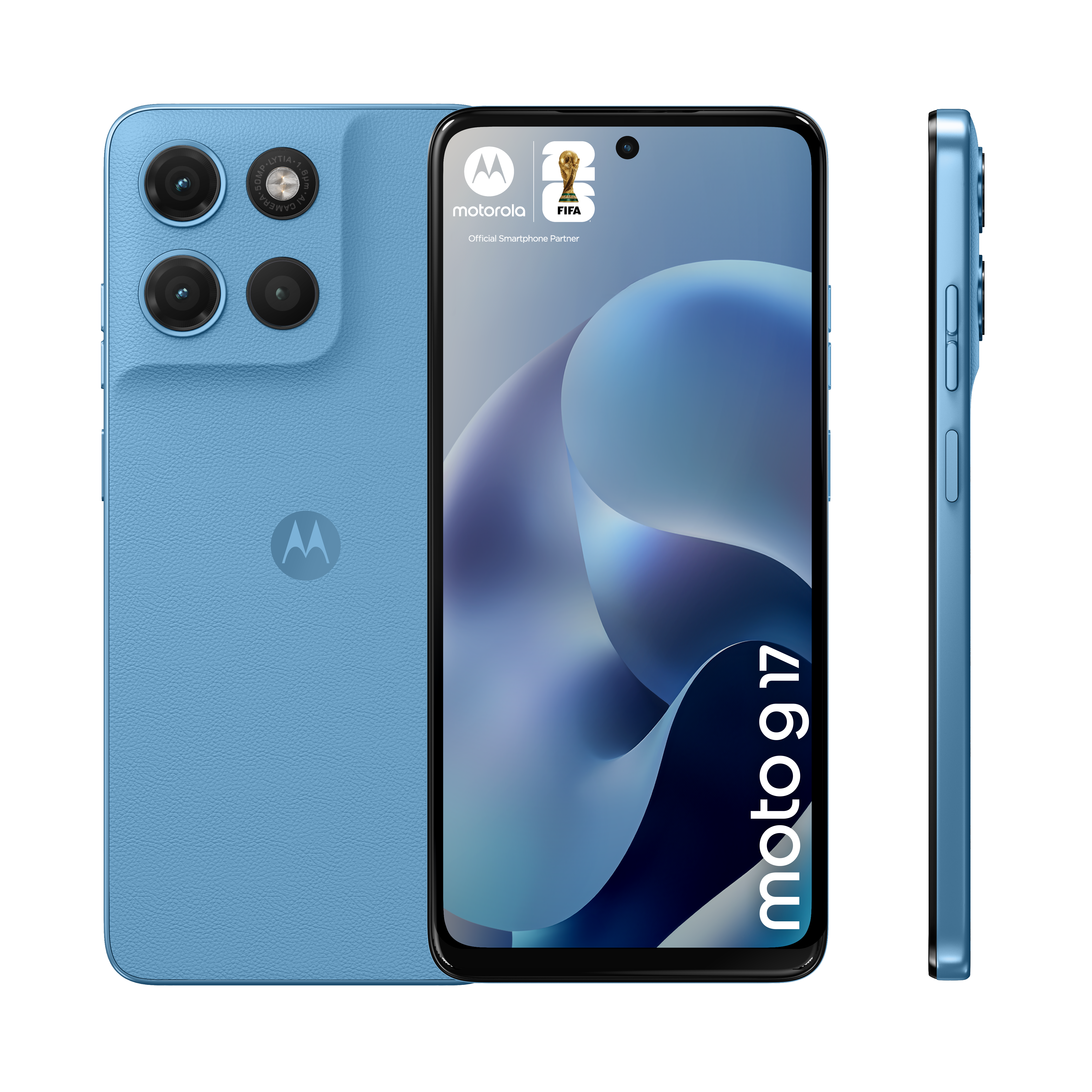 Niebieski telefon Motorola Moto G 17 pokazany z przodu, boku i tyłu.