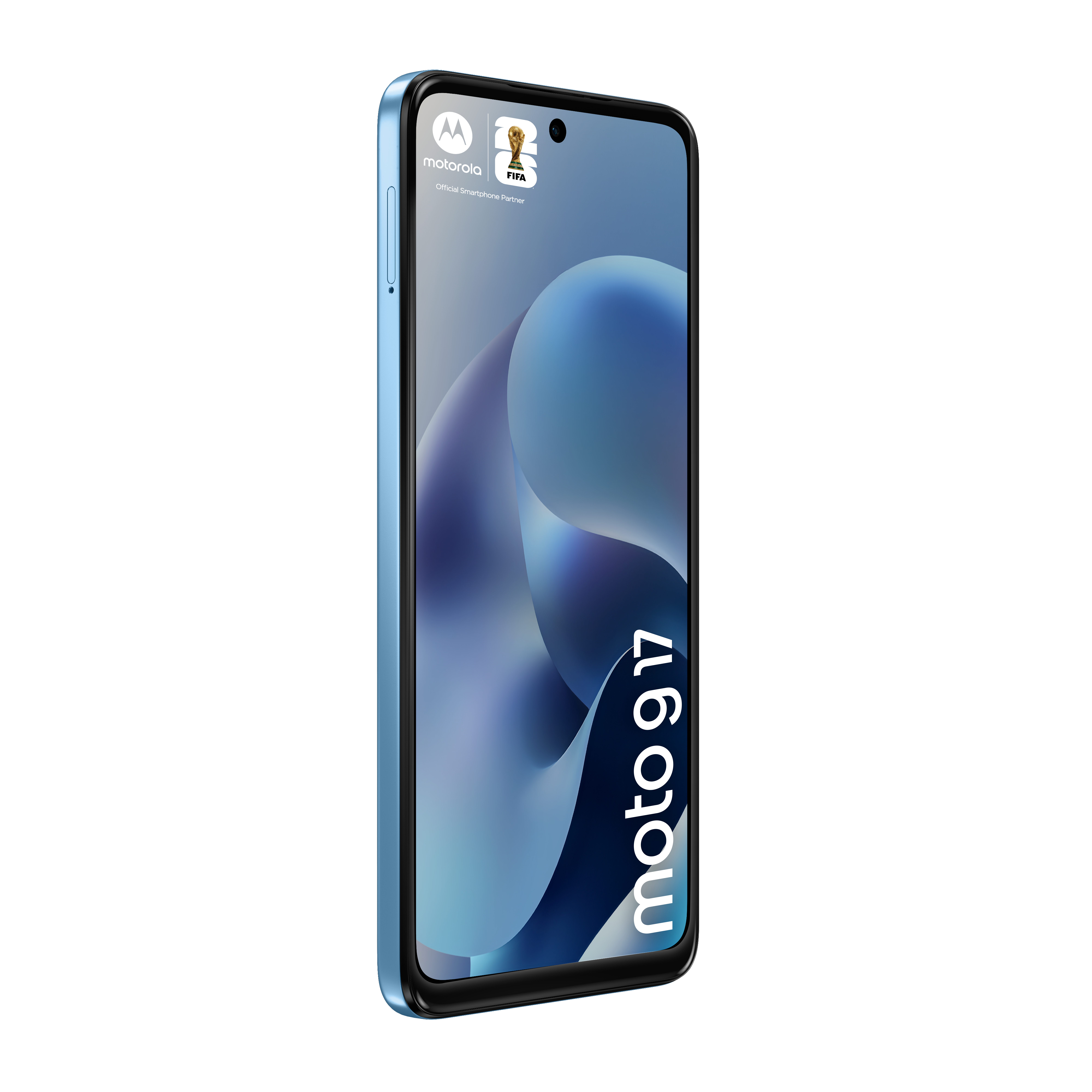 Jasnoniebieski smartfon Motorola Moto G 17 z niebieską tapetą z falistym wzorem.