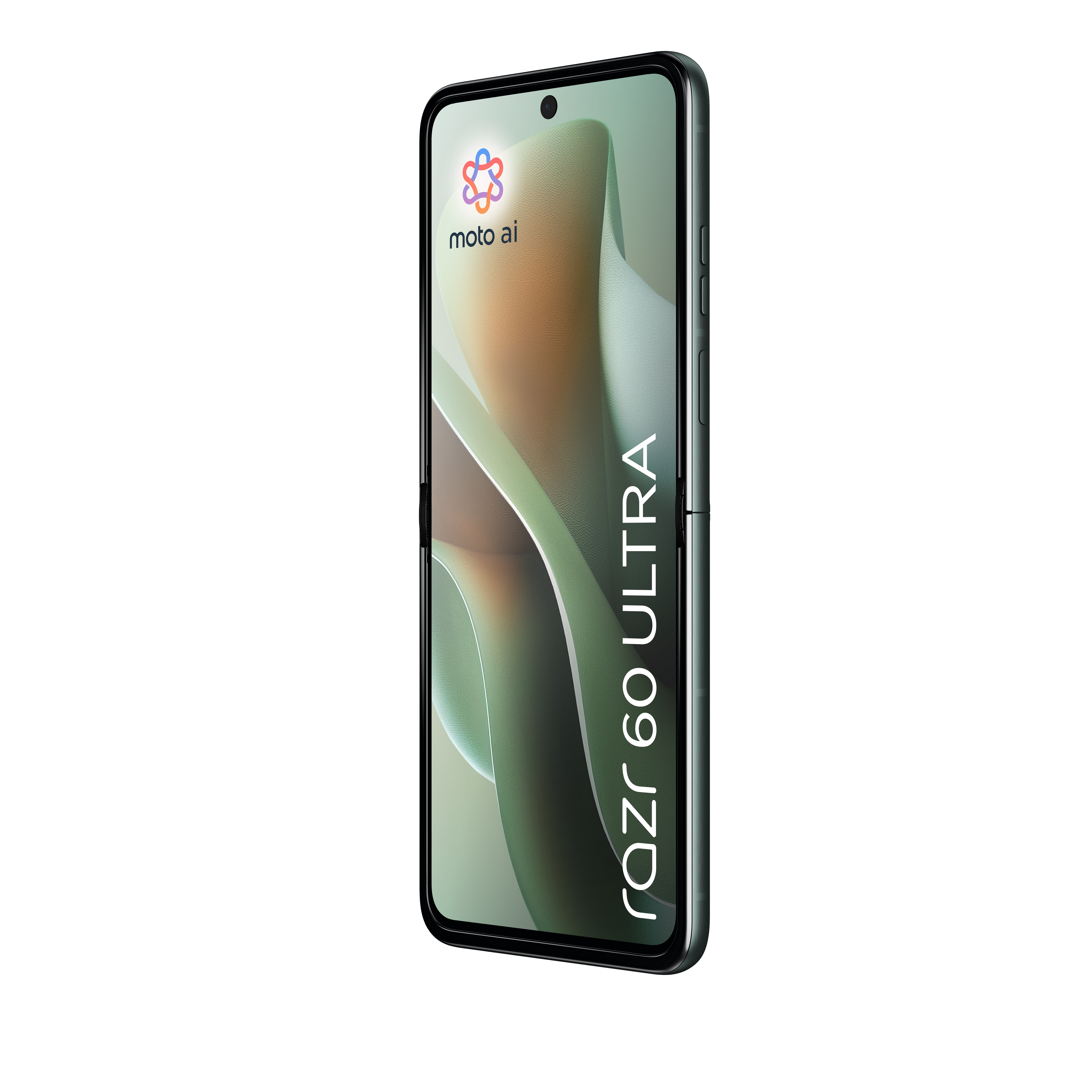 Szary smartfon Motorola Razr 60 Ultra z kolorowym logo na ekranie.