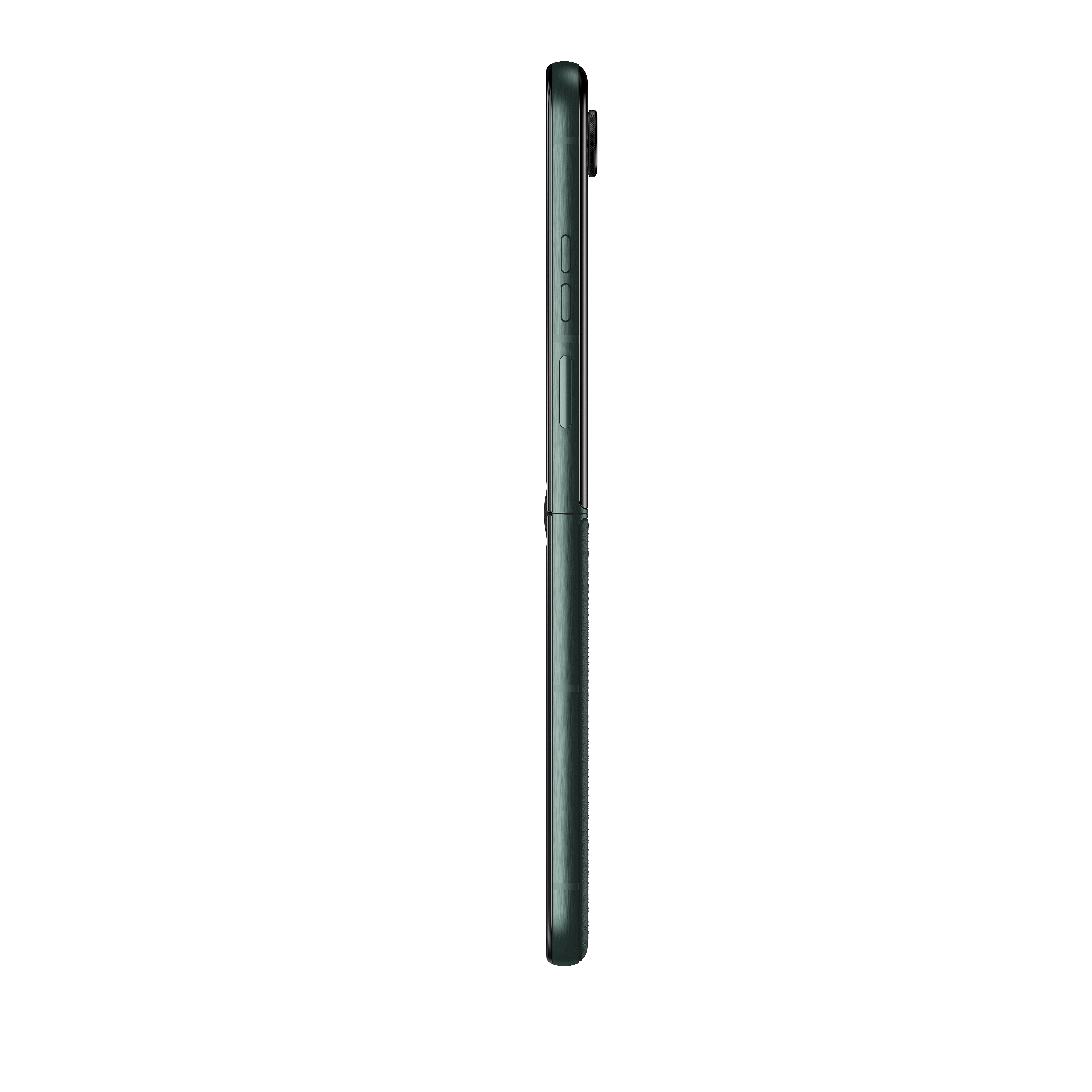 Zielony smartfon w stanie zamkniętym, pokazany z boku.