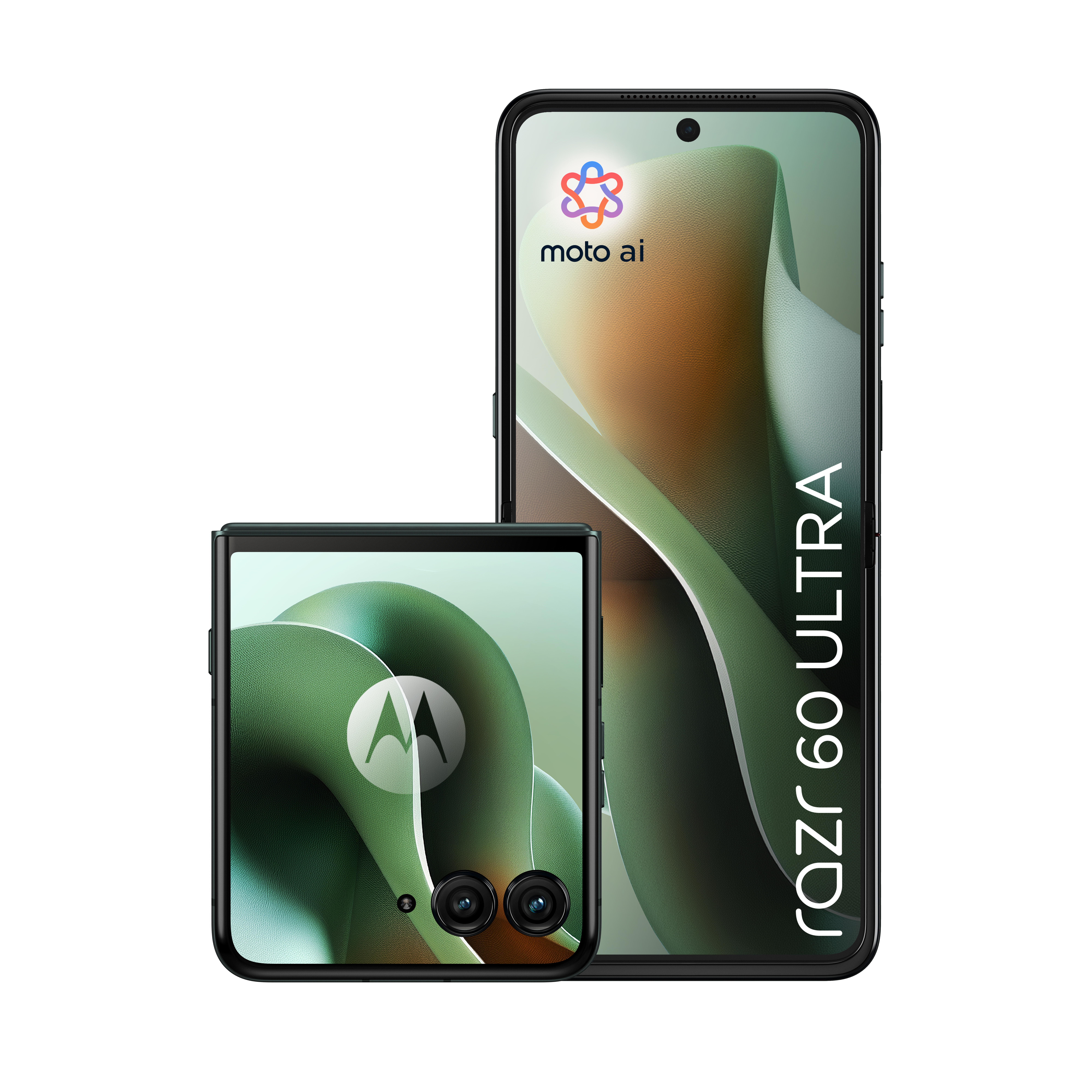 Dwa smartfony Motorola, jeden złożony, na białym tle.
