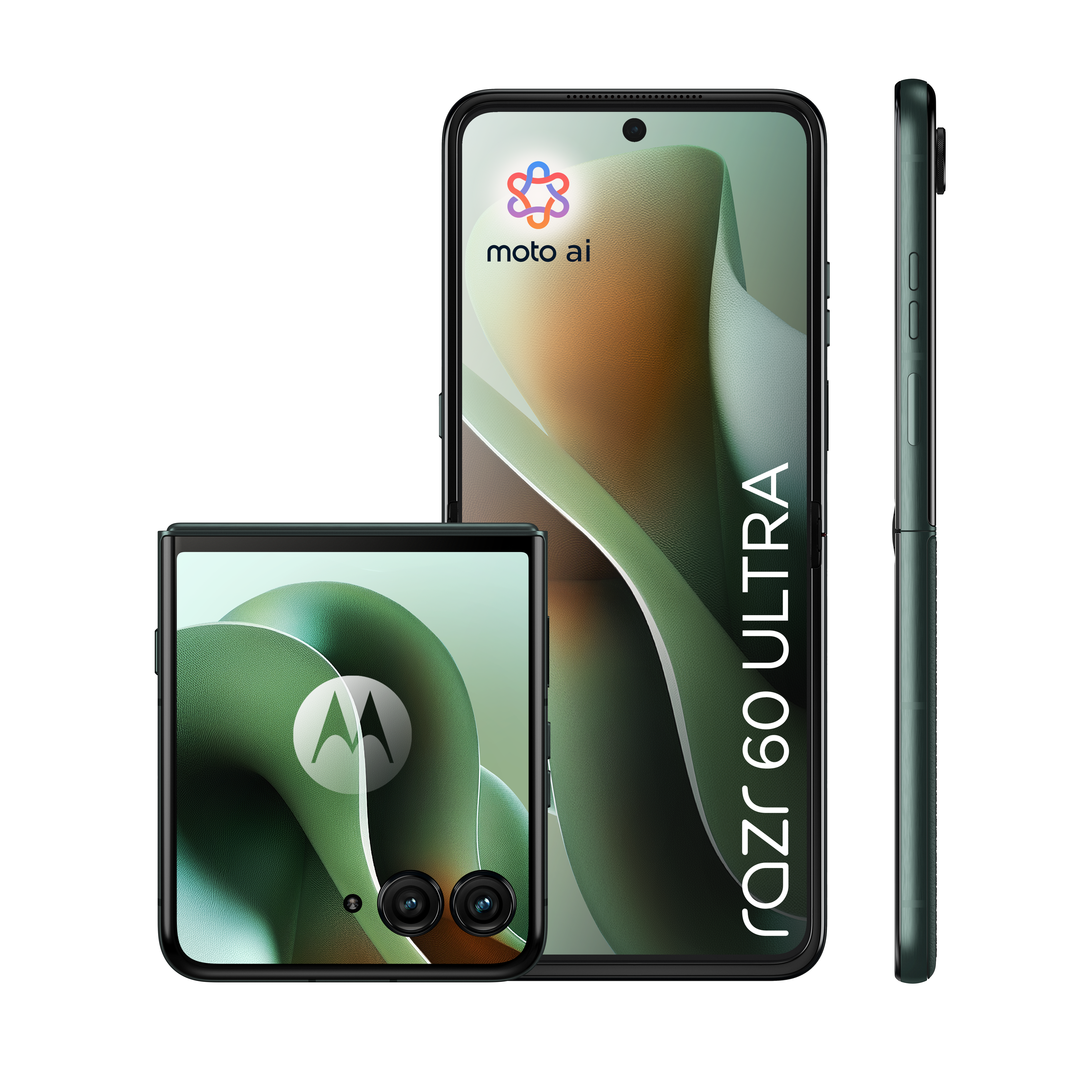Trzy ciemnozielone telefony Motorola Razr 60 Ultra, jeden złożony, jeden otwarty i jeden z boku.