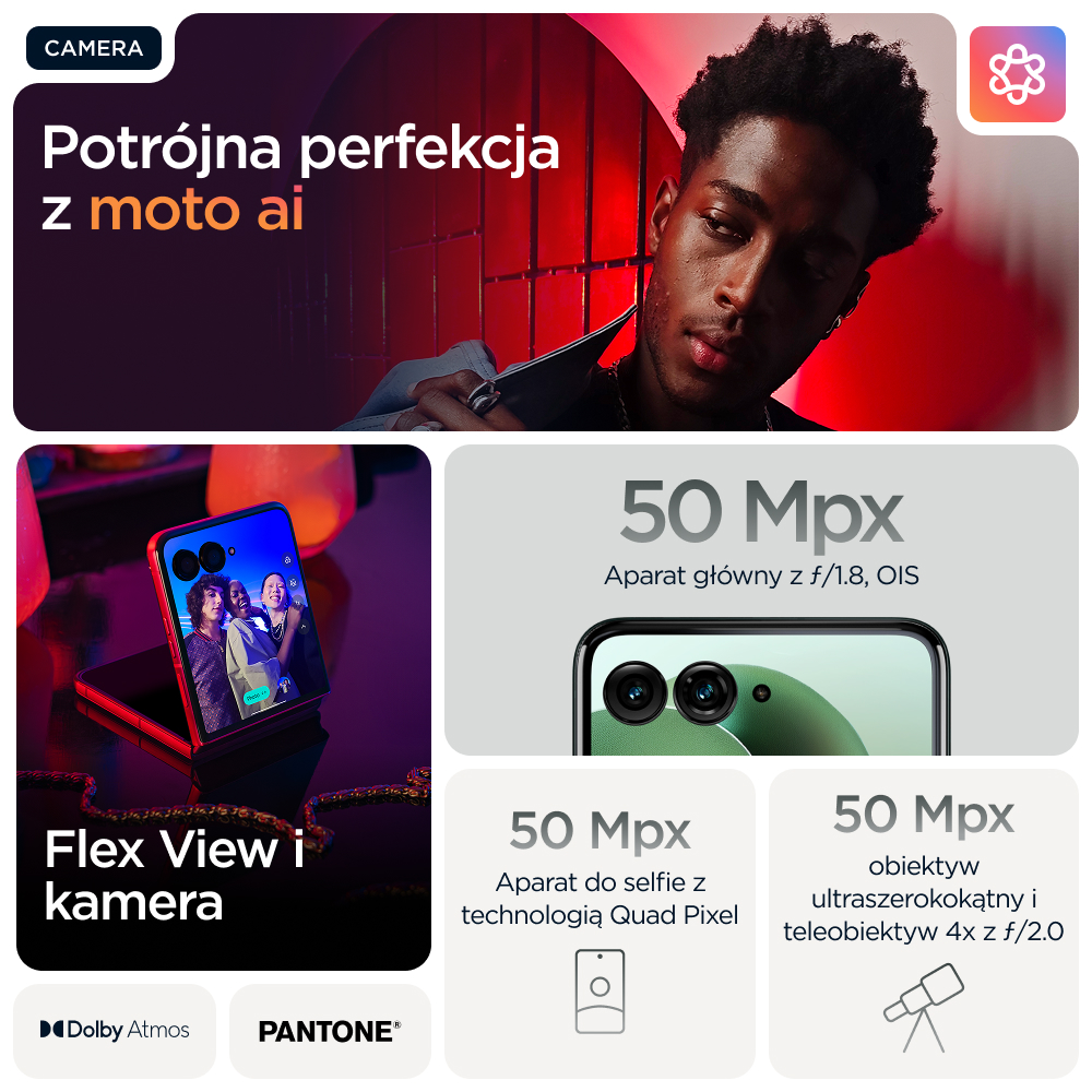 Mężczyzna ze smartfonem, specyfikacje aparatu: 50MP główny, selfie i ultraszerokokątny/teleobiektyw.