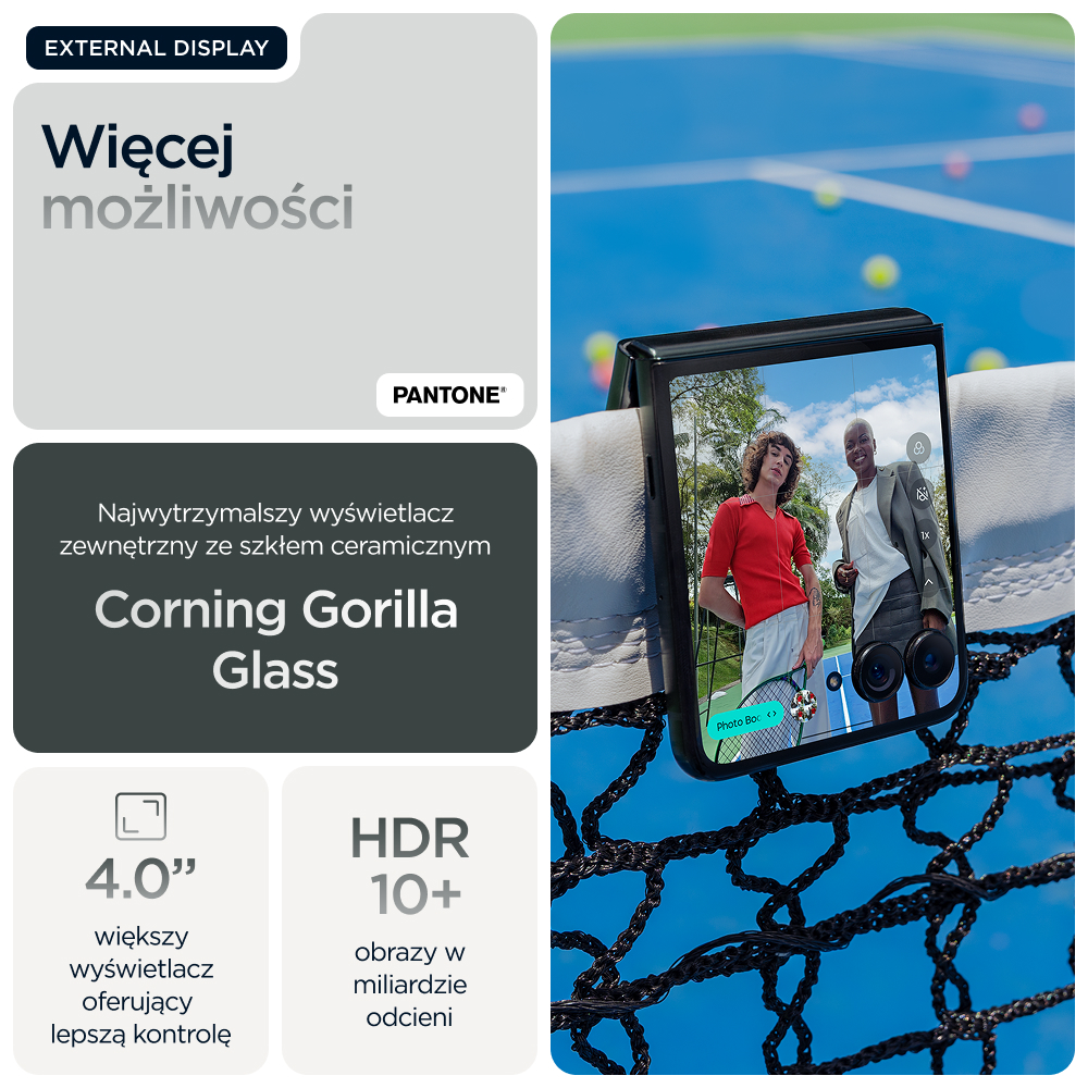 Smartfon z zewnętrznym wyświetlaczem pokazuje dwie osoby na korcie tenisowym, reklamując Corning Gorilla Glass.