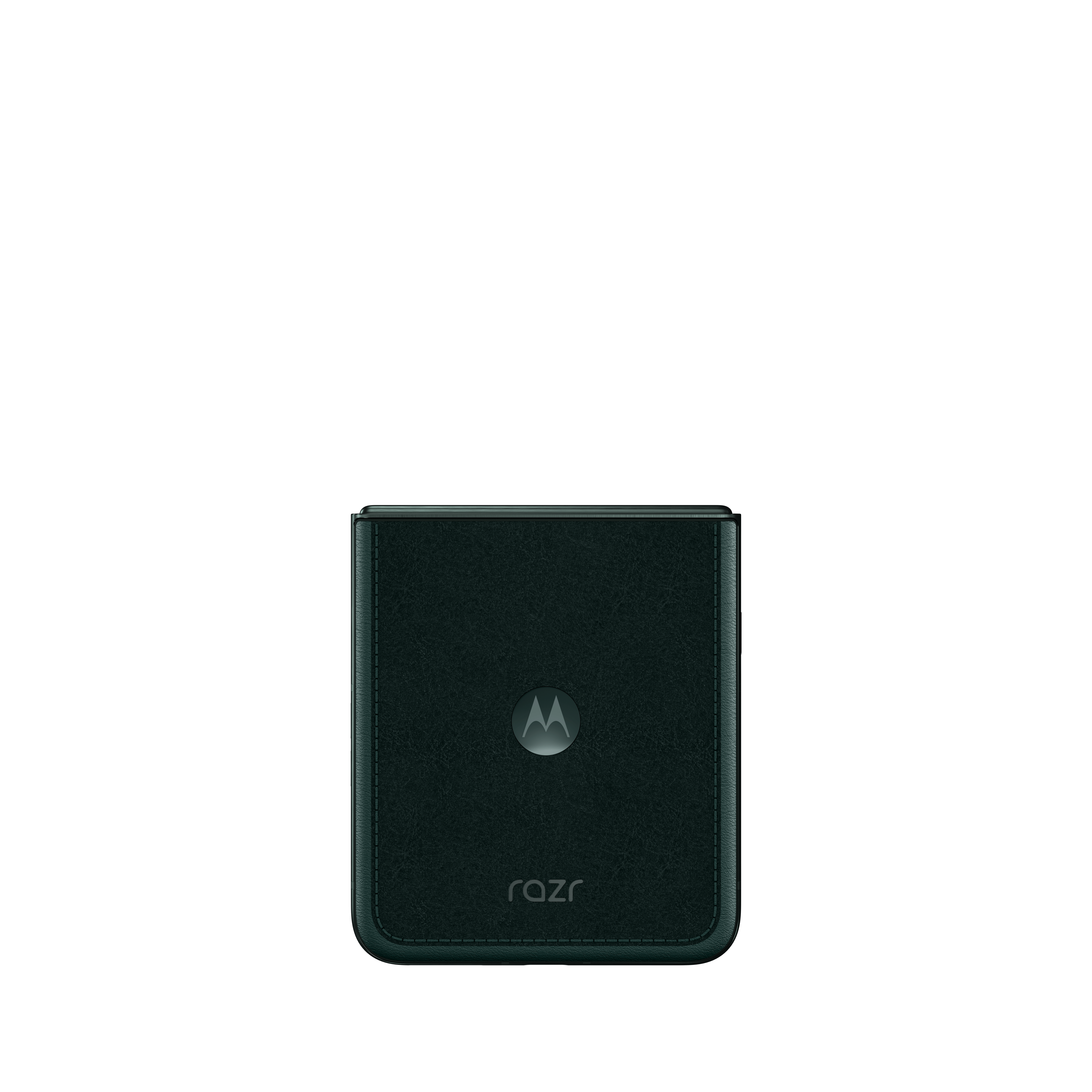 Ciemnozielone etui na telefon Motorola Razr z klapką, logo i przeszyciami.