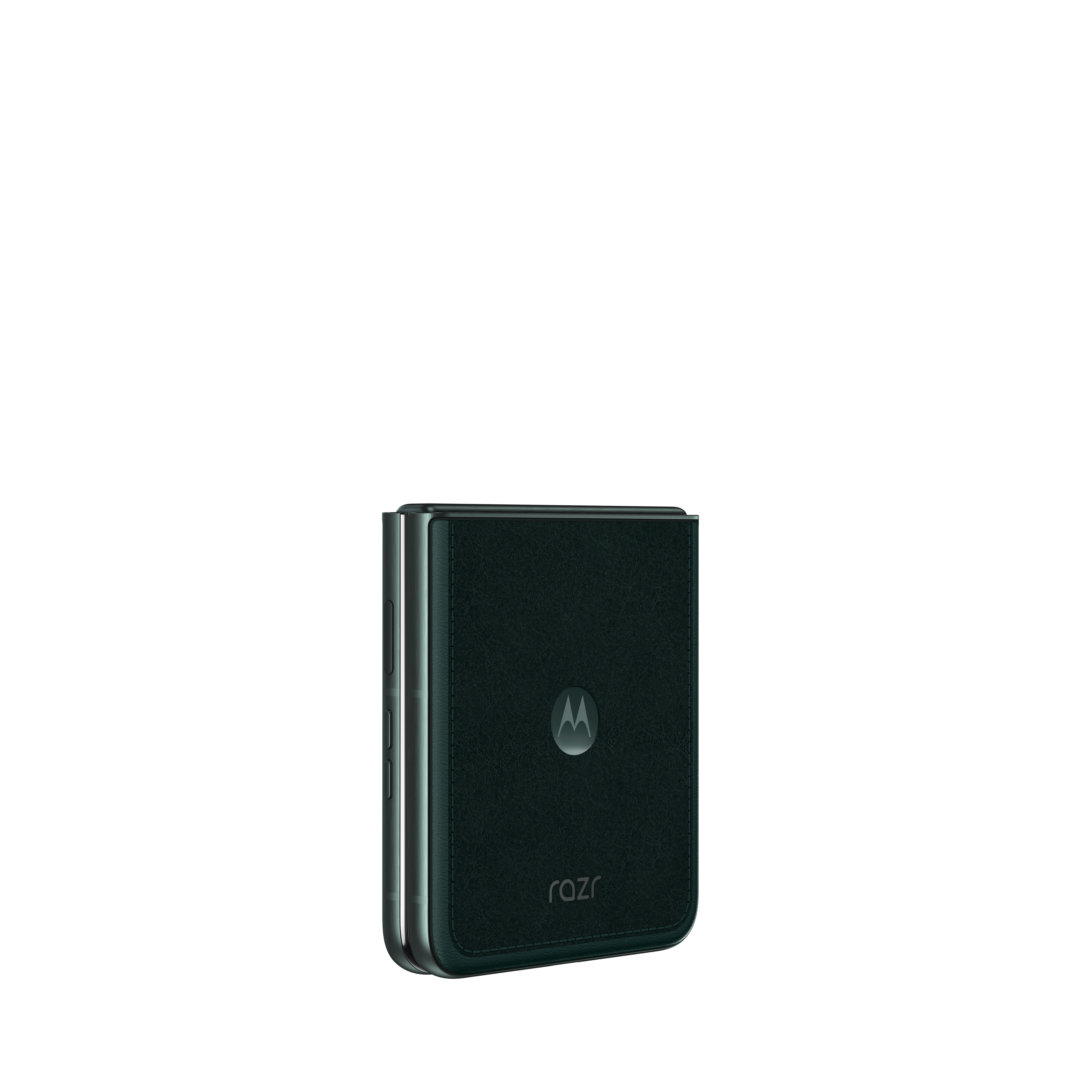 Zamknięty, ciemnozielony telefon Motorola Razr z logo.