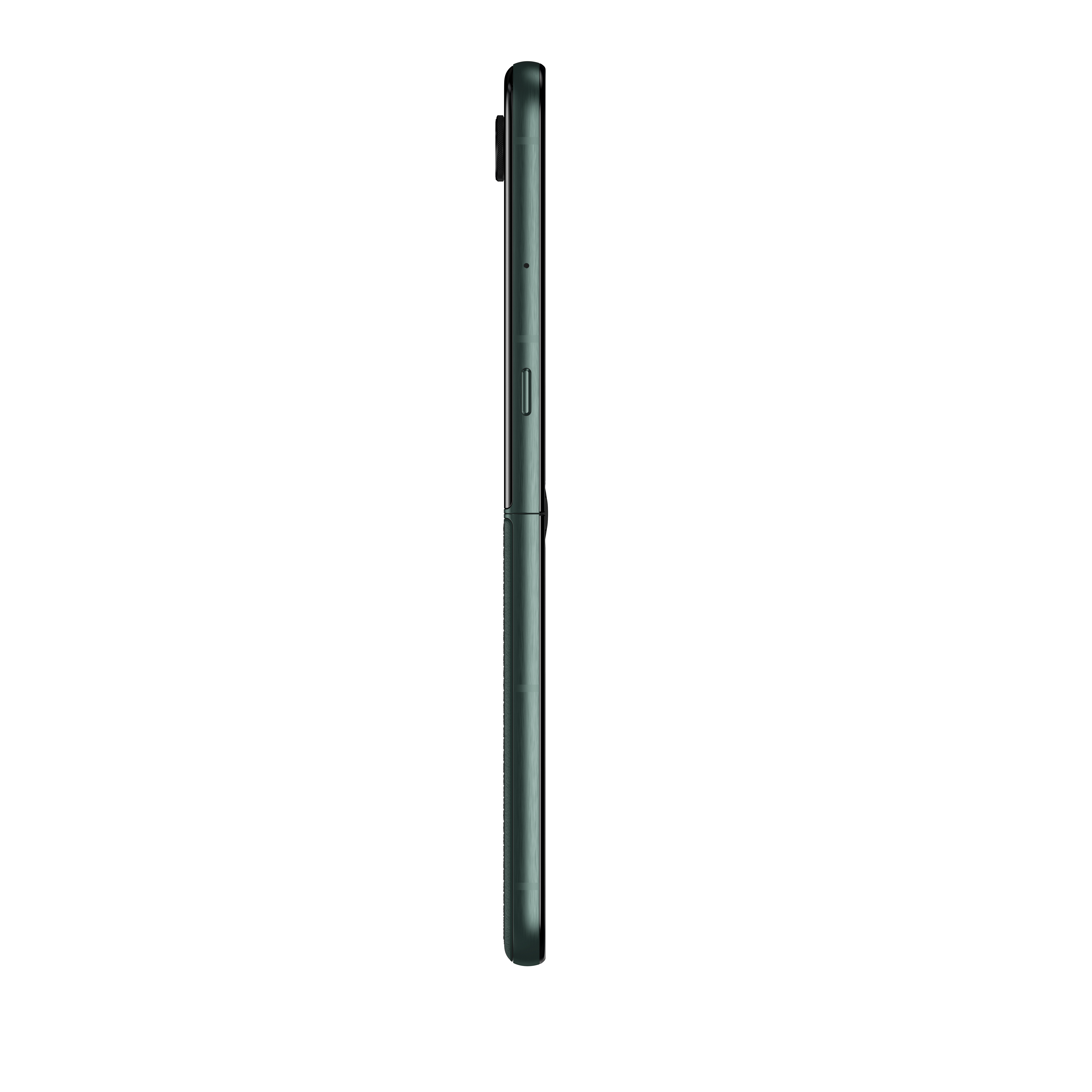Ciemny smartfon z profilu na czarnym tle, skupiony na bocznej ramce.