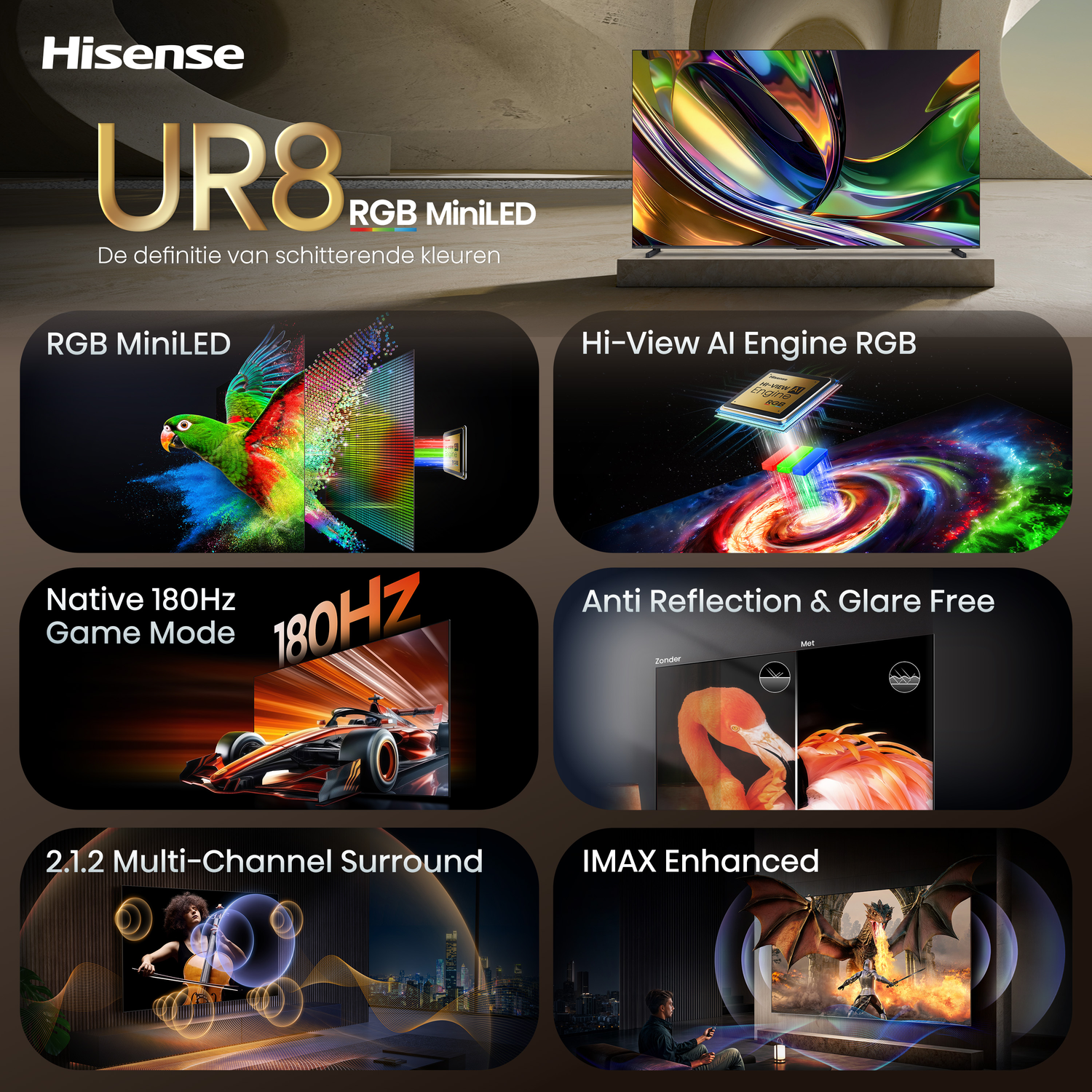Hisense UR8 TV: RGB MiniLED, AI Engine, 180Hz, Anti-Glare, Surround Sound.
