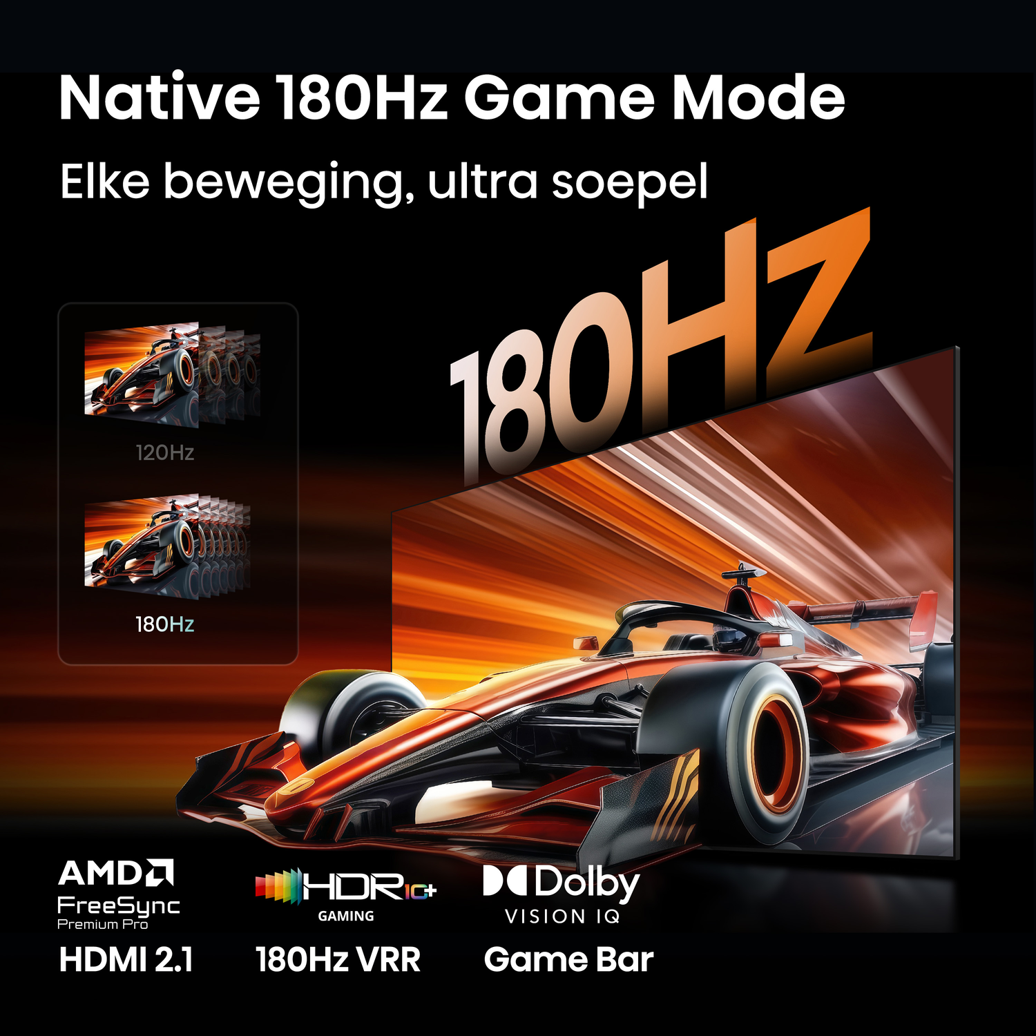 Een rode en zwarte F1-auto op een scherm in 180Hz-modus. Met AMD FreeSync, HDR10+, Dolby Vision IQ.