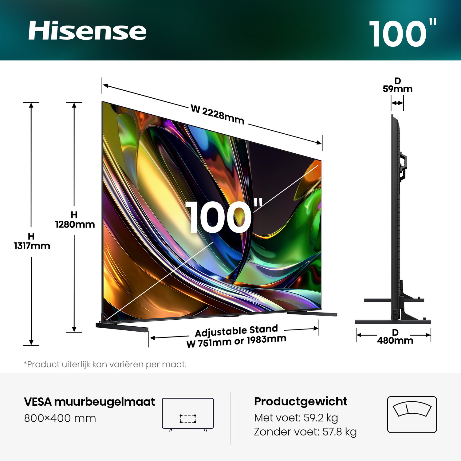 Hisense 100-inch TV met afmetingen: B 2228mm, H 1280mm, D 59mm.