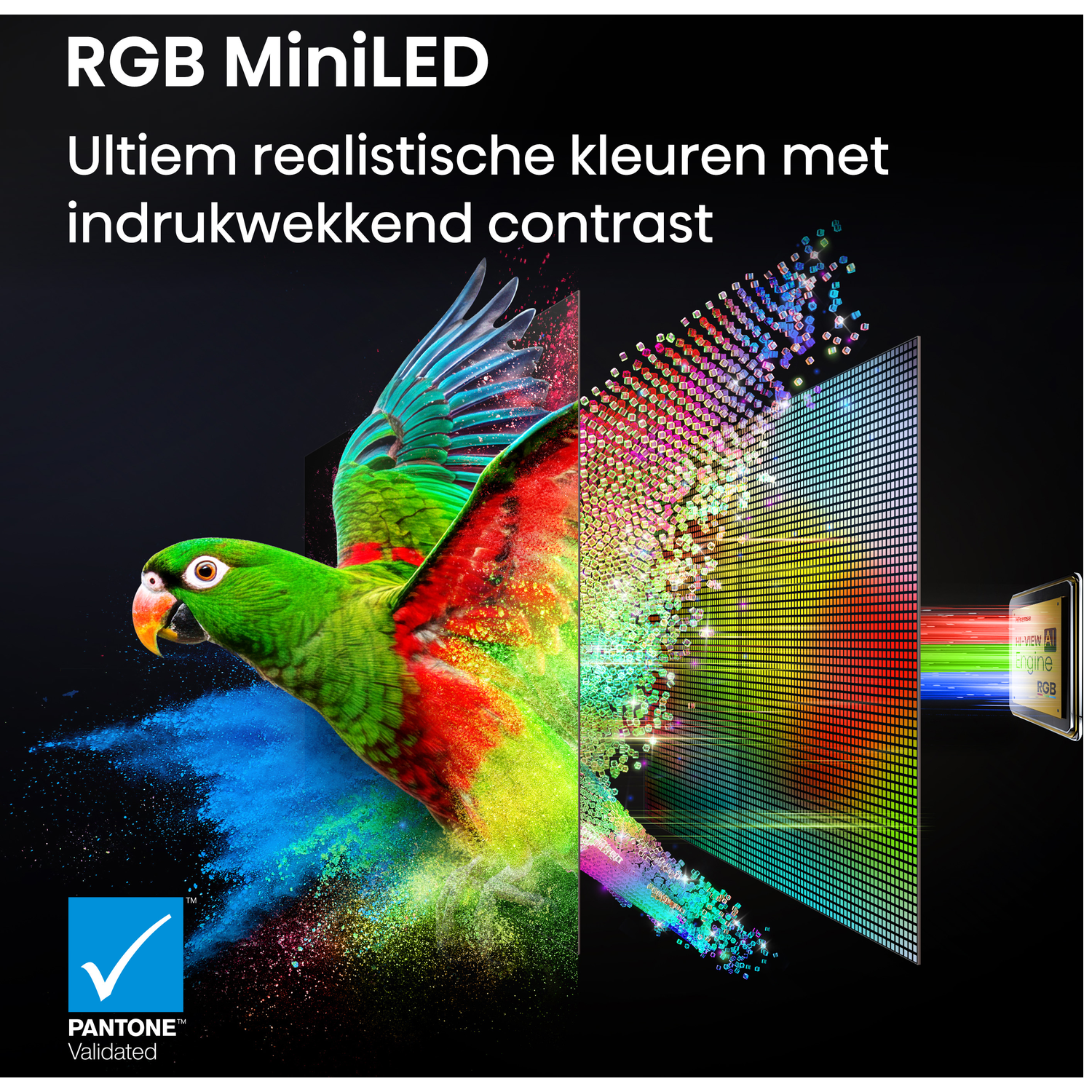 Een groene papegaai vliegt door gekleurd poeder naast een scherm met RGB-lampen.