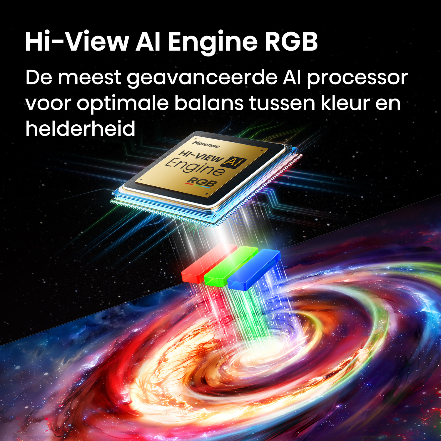 Een processor met RGB-lichtstralen die op een kosmische werveling slaan.