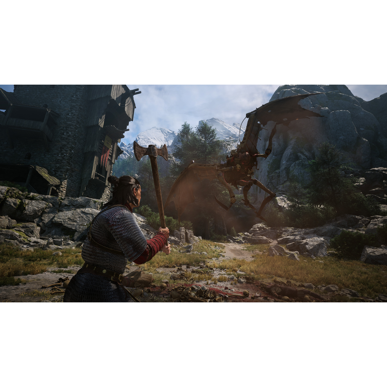 A warrior with an axe faces a large insectoid creature near a stone castle and snowy mountains.