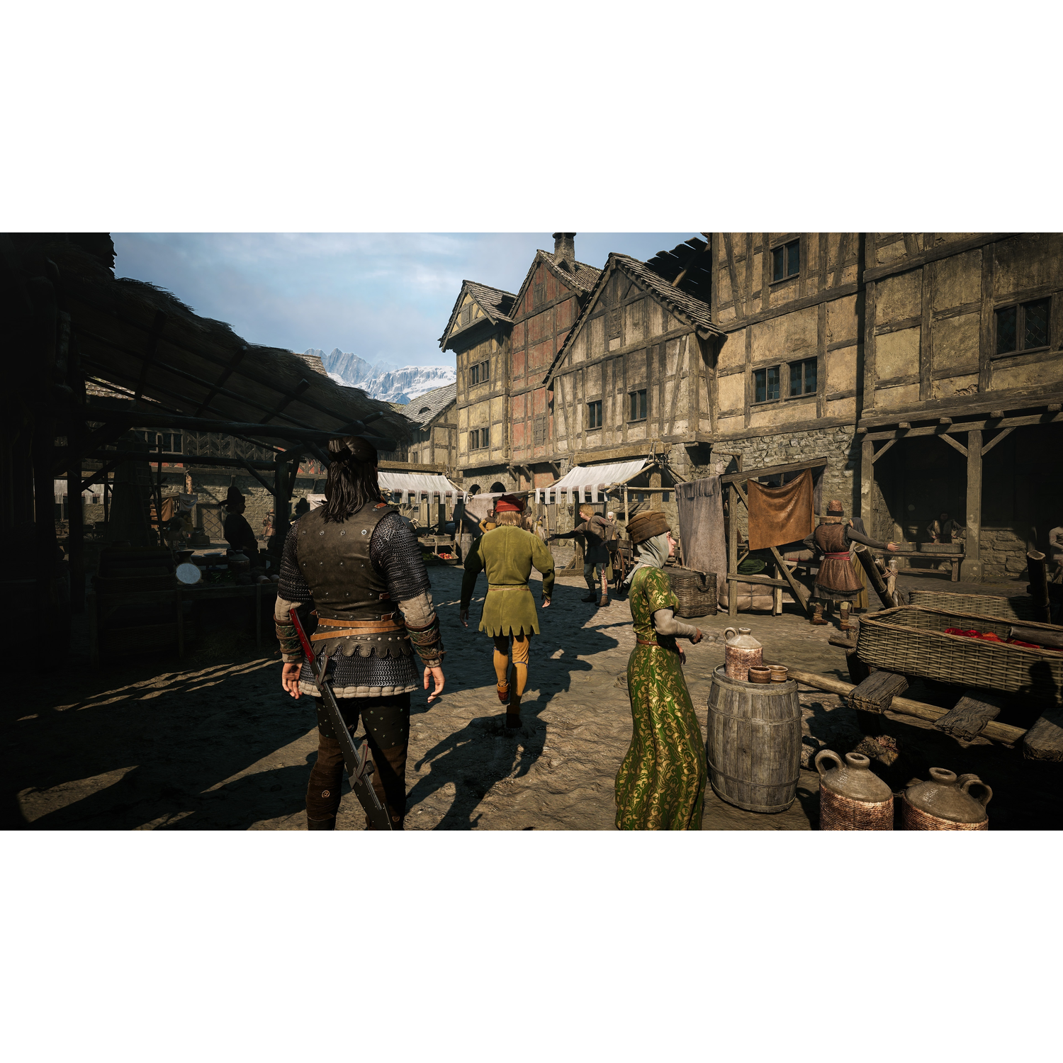 Medieval market scene with half-timbered houses and people in historical clothing.