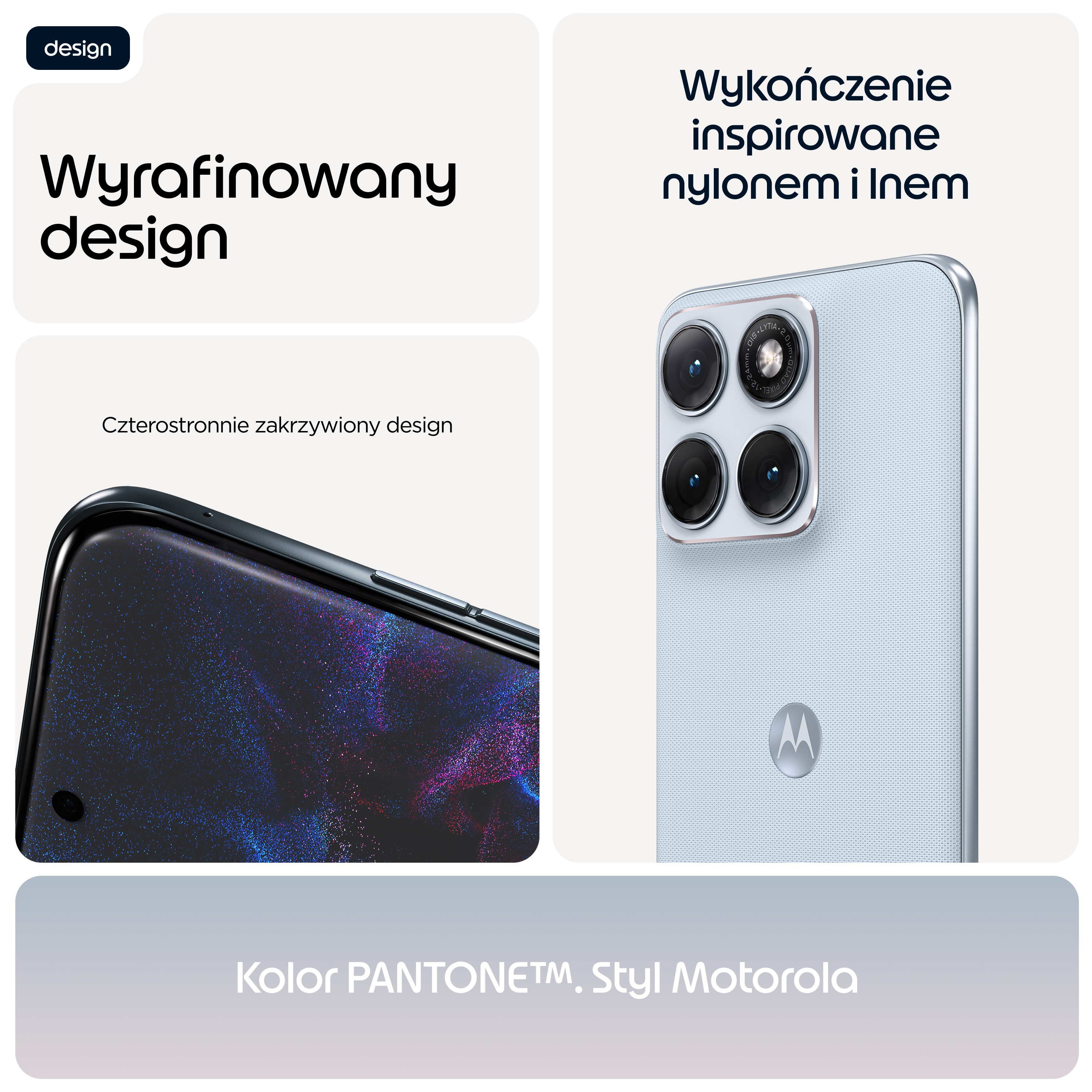 Jasnoniebieski telefon z czterema aparatami i logo Motoroli.