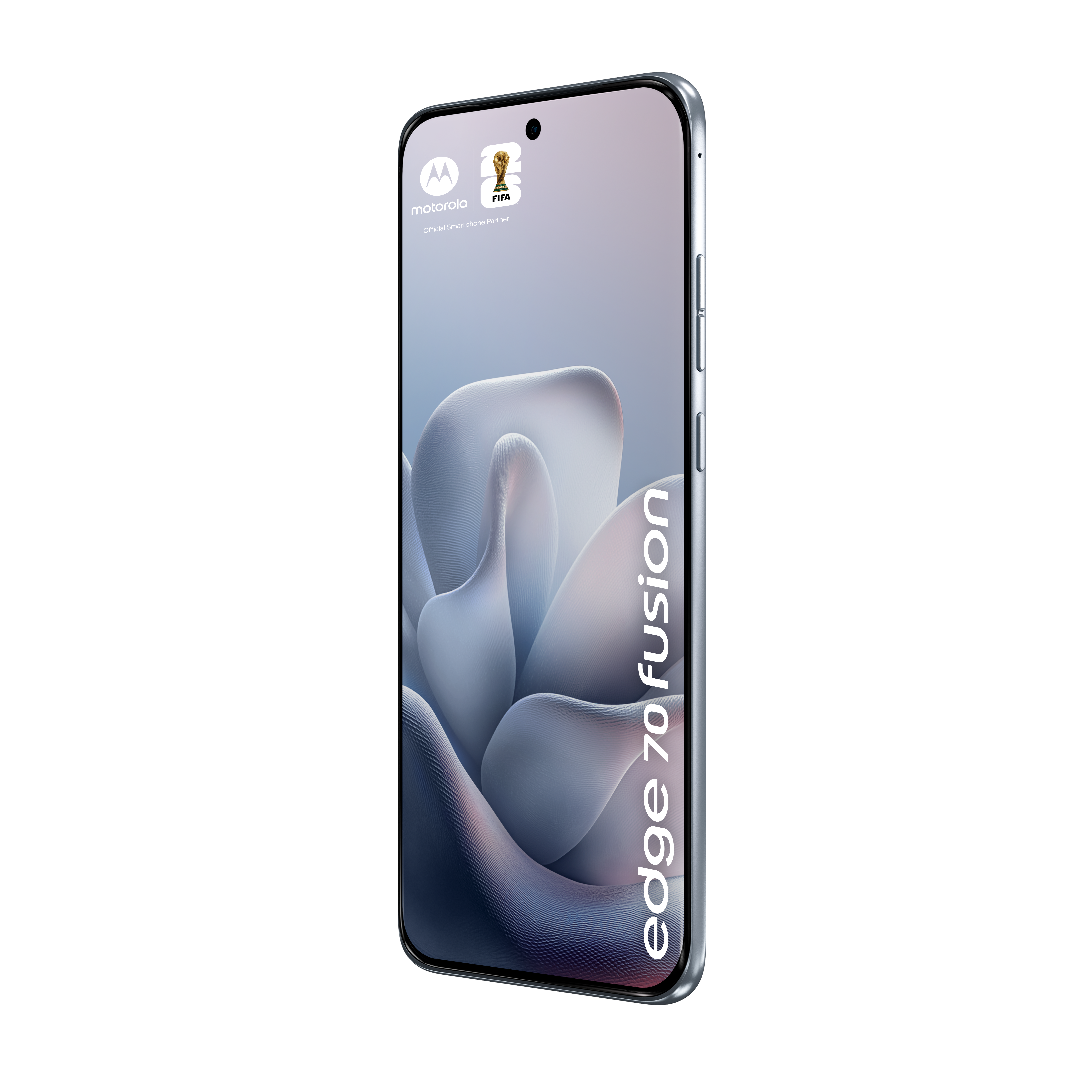Telefon Motorola Edge 70 Fusion z logo FIFA i kwiatową tapetą.