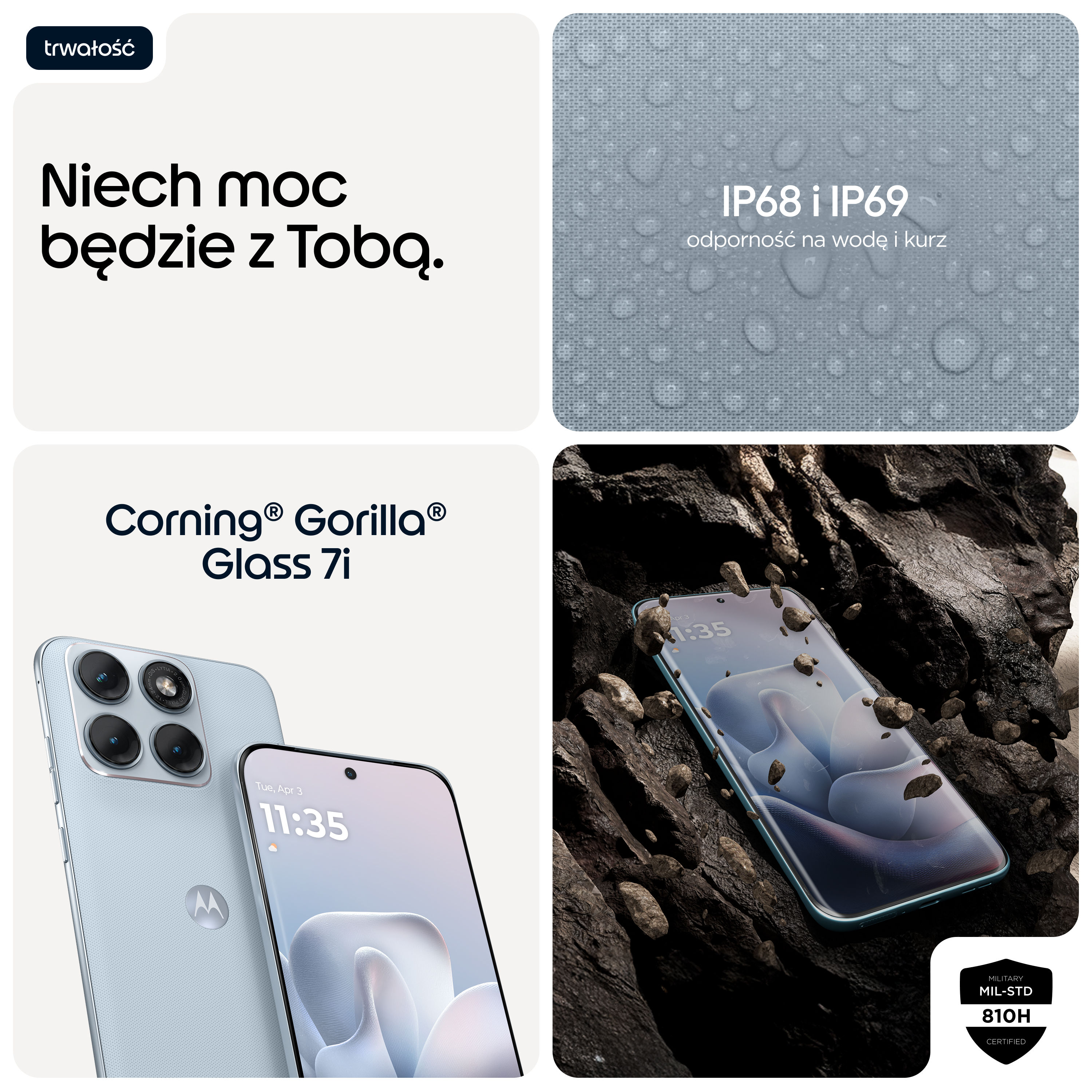 Układ smartfona z tekstem o trwałości, ochronie IP68/IP69 i Corning® Gorilla® Glass 7i.