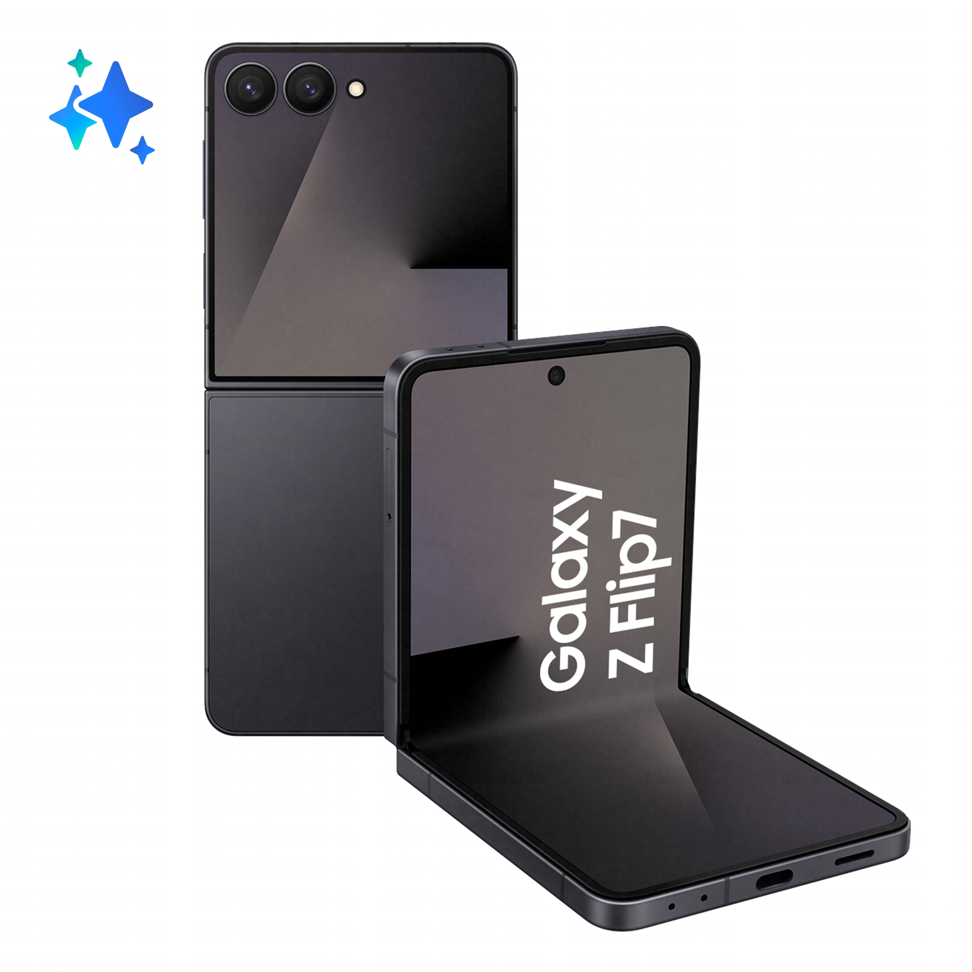 Czarny smartfon Samsung Galaxy Z Flip 7, pokazany w stanie rozłożonym. Posiada dwa aparaty.