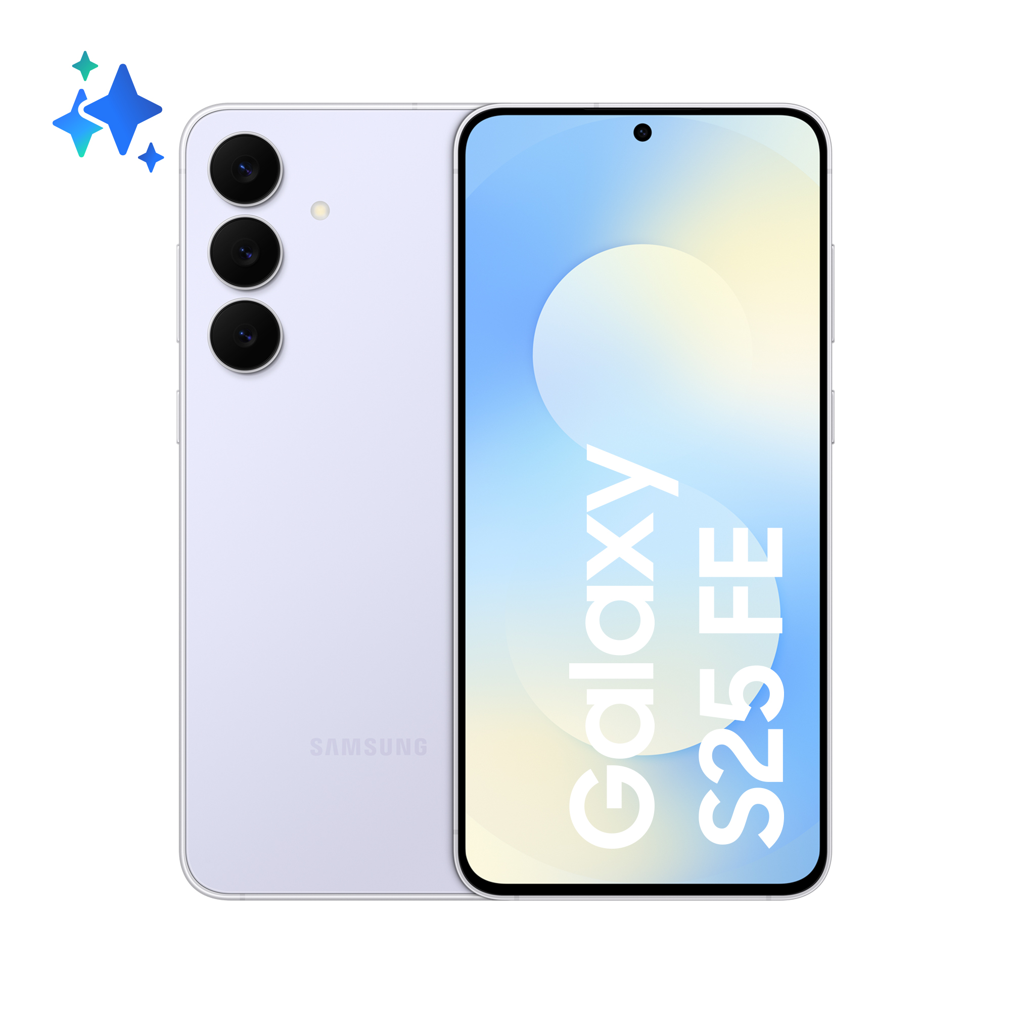 Fioletowy smartfon Samsung Galaxy S25 FE z trzema aparatami i gwiazdami.