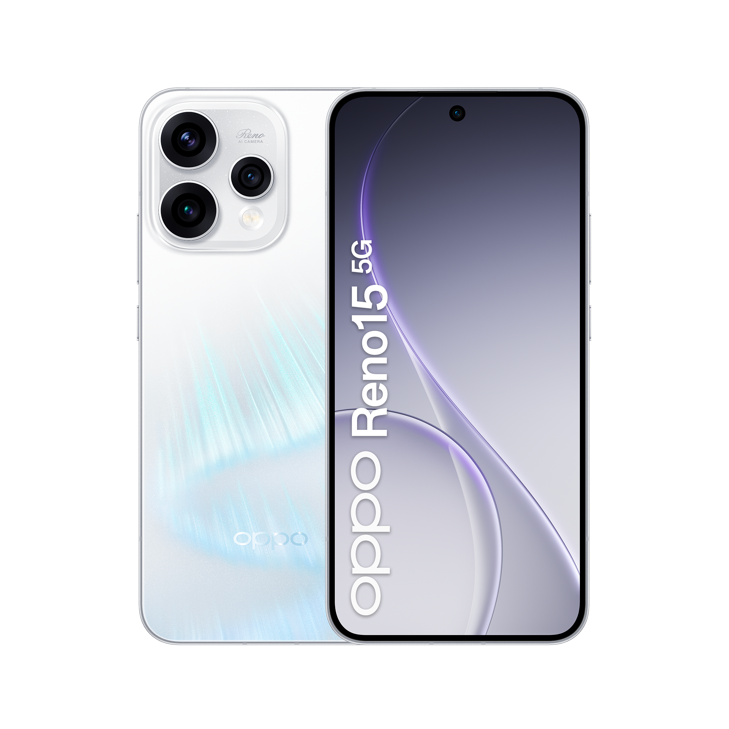 Biały smartfon Oppo Reno 15 5G z potrójnym aparatem na czarnym tle.