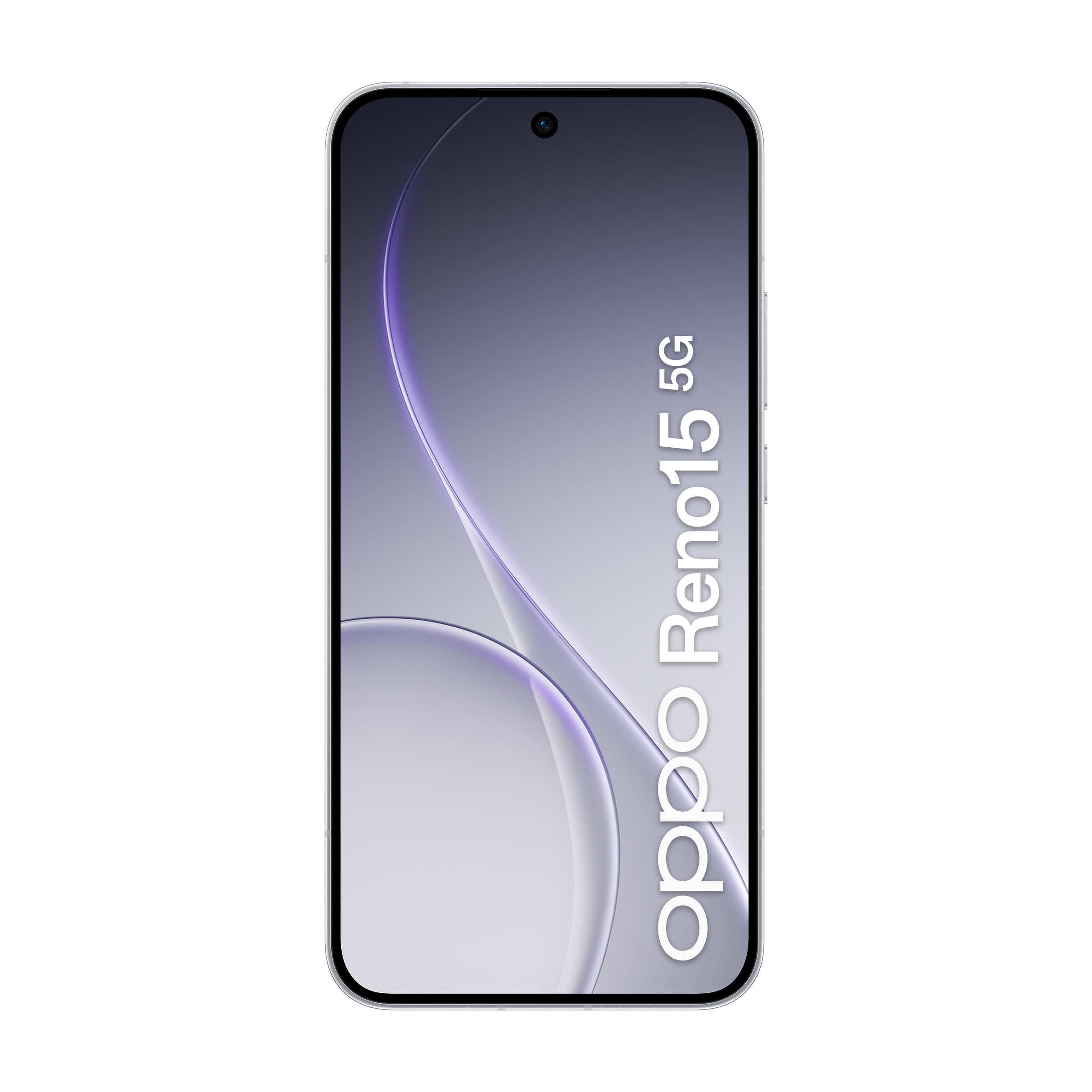 Smartfon Oppo Reno15 5G wyświetlający fioletowy wzór na ekranie.