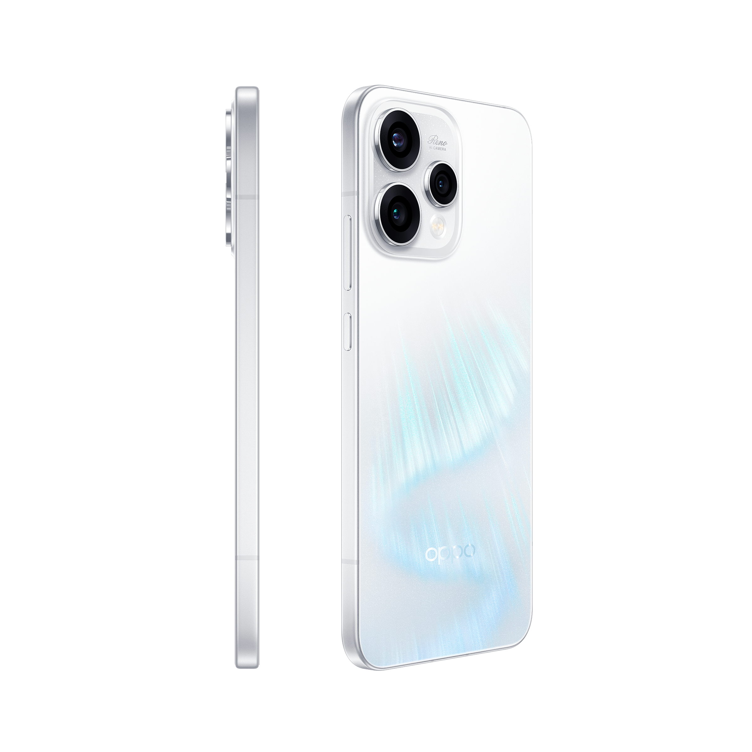 Biały smartfon z potrójnym aparatem i niebiesko-zielonymi akcentami.