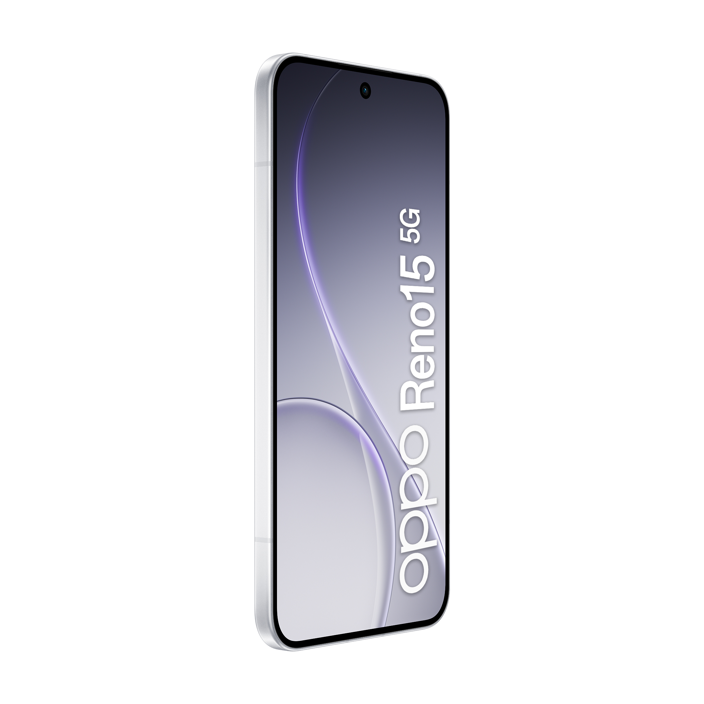 Srebrny smartfon z napisem Oppo Reno15 5G na ekranie.