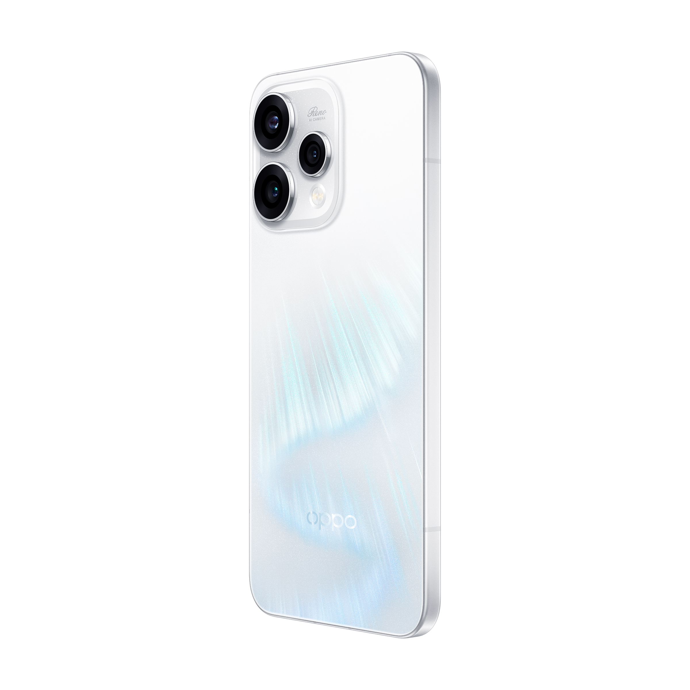 Biały smartfon z trzema aparatami i logo Oppo, na białym tle.