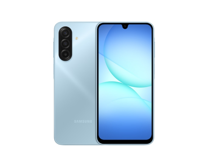 Jasnoniebieski smartfon Samsung z trzema tylnymi aparatami.