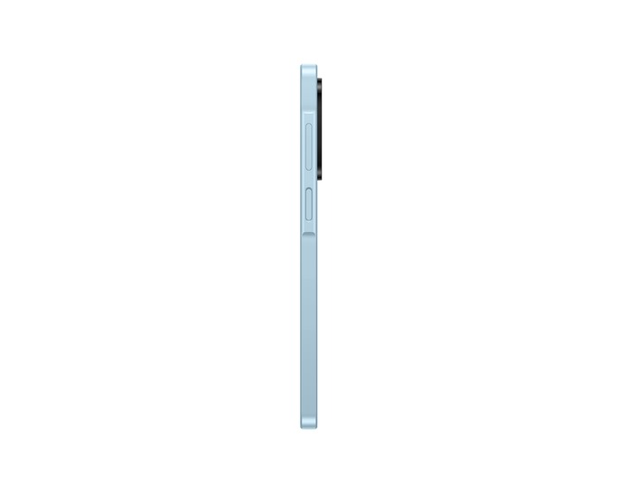 Jasnoniebieski smartfon z boku, z tylnym aparatem.