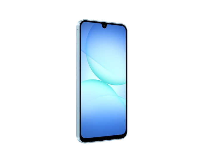 Jasnoniebieski smartfon z niebieskim tłem w bąbelki.