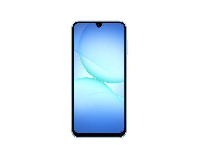 Jasnoniebieski smartfon z wycięciem w kształcie kropli i niebieskim tłem z okręgami.