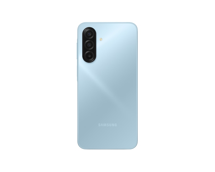 Tył jasnoniebieskiego smartfona Samsung z trzema aparatami i logo.